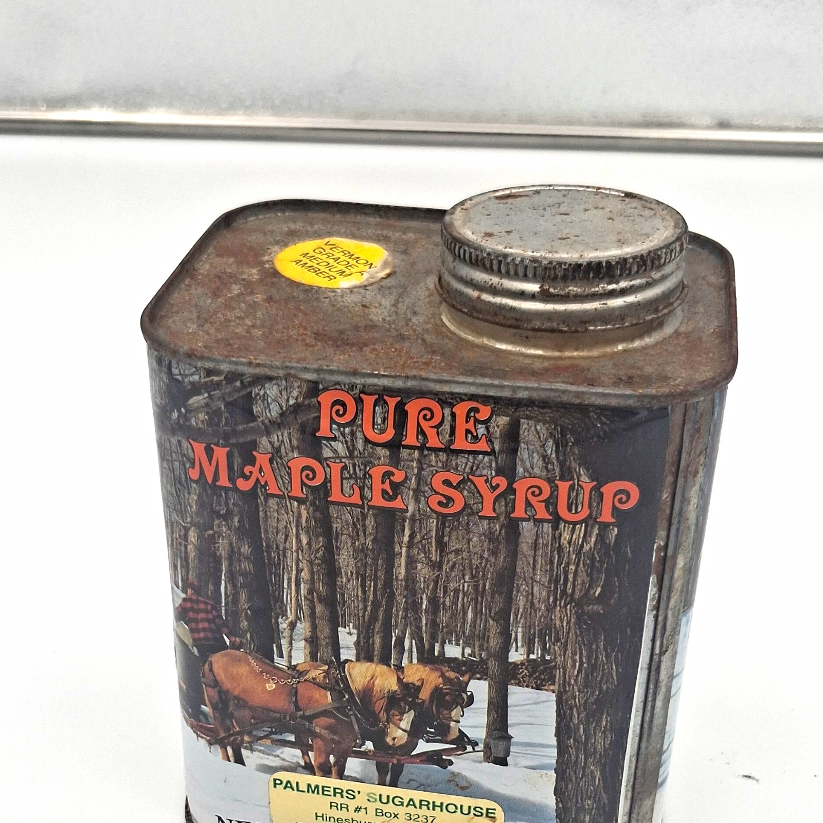 Vermont Pure Maple Syrup Advertising Tin Can, Multicolor Pancakes & Syrup Theme