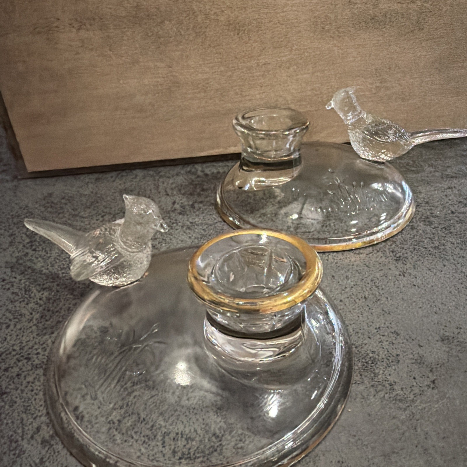 Vintage 1956 Jeannette Glass Pheasant Candle Holders Pair #3475 Gold Trim