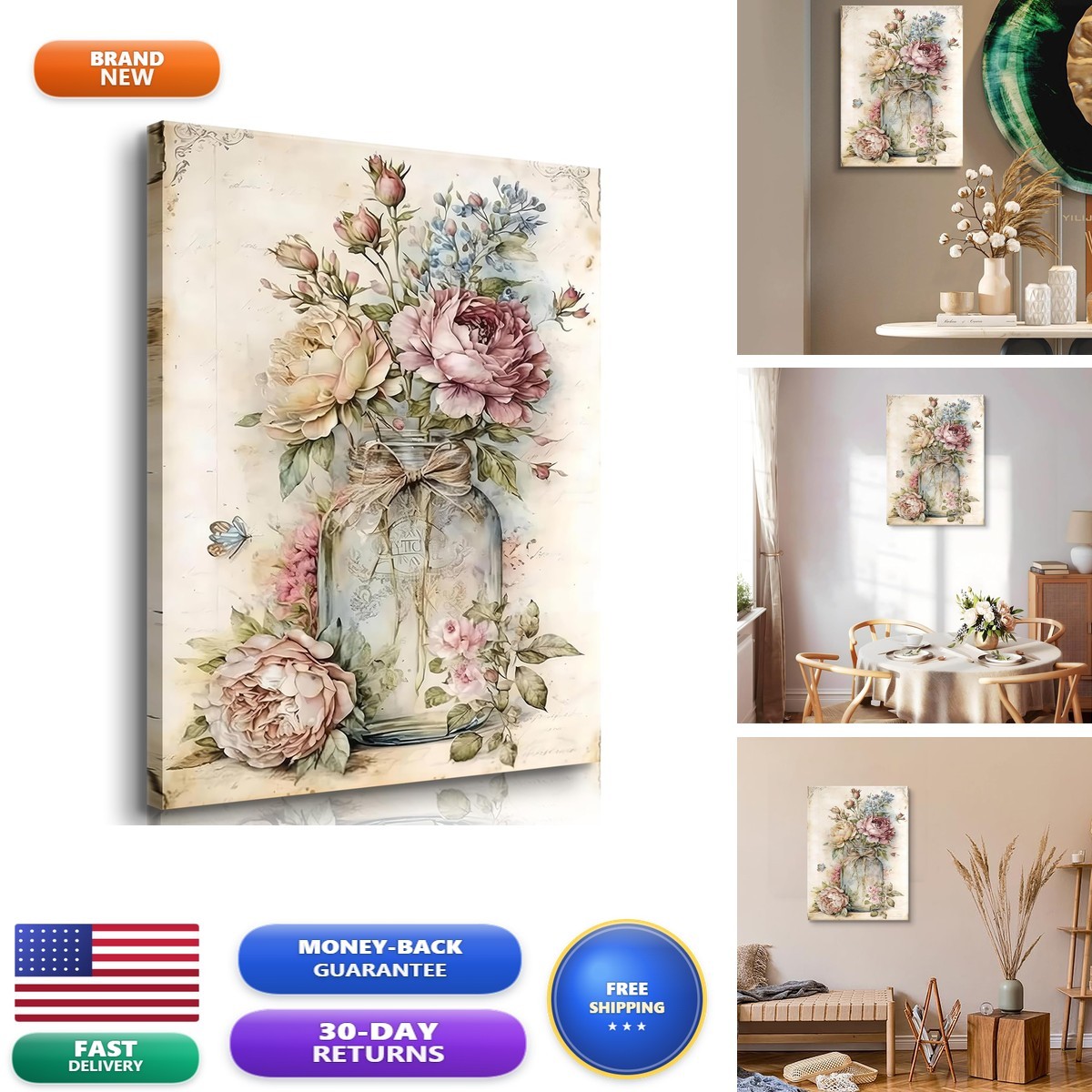Vintage Rose Floral Canvas Wall Art 16x24in Wrapped Canvas Pink Victorian