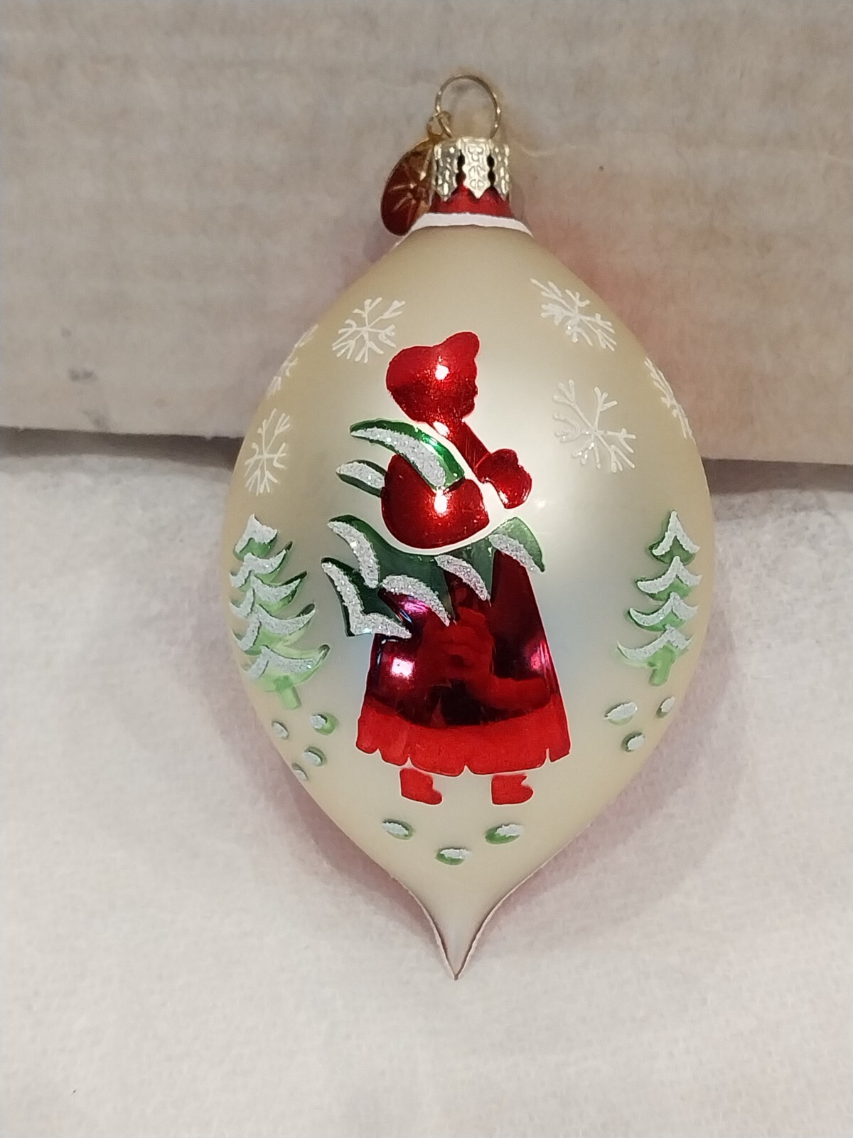 Christopher Radko Fantasia Lucy Teardrop Glass Ornament Cream Red Glitter 4\