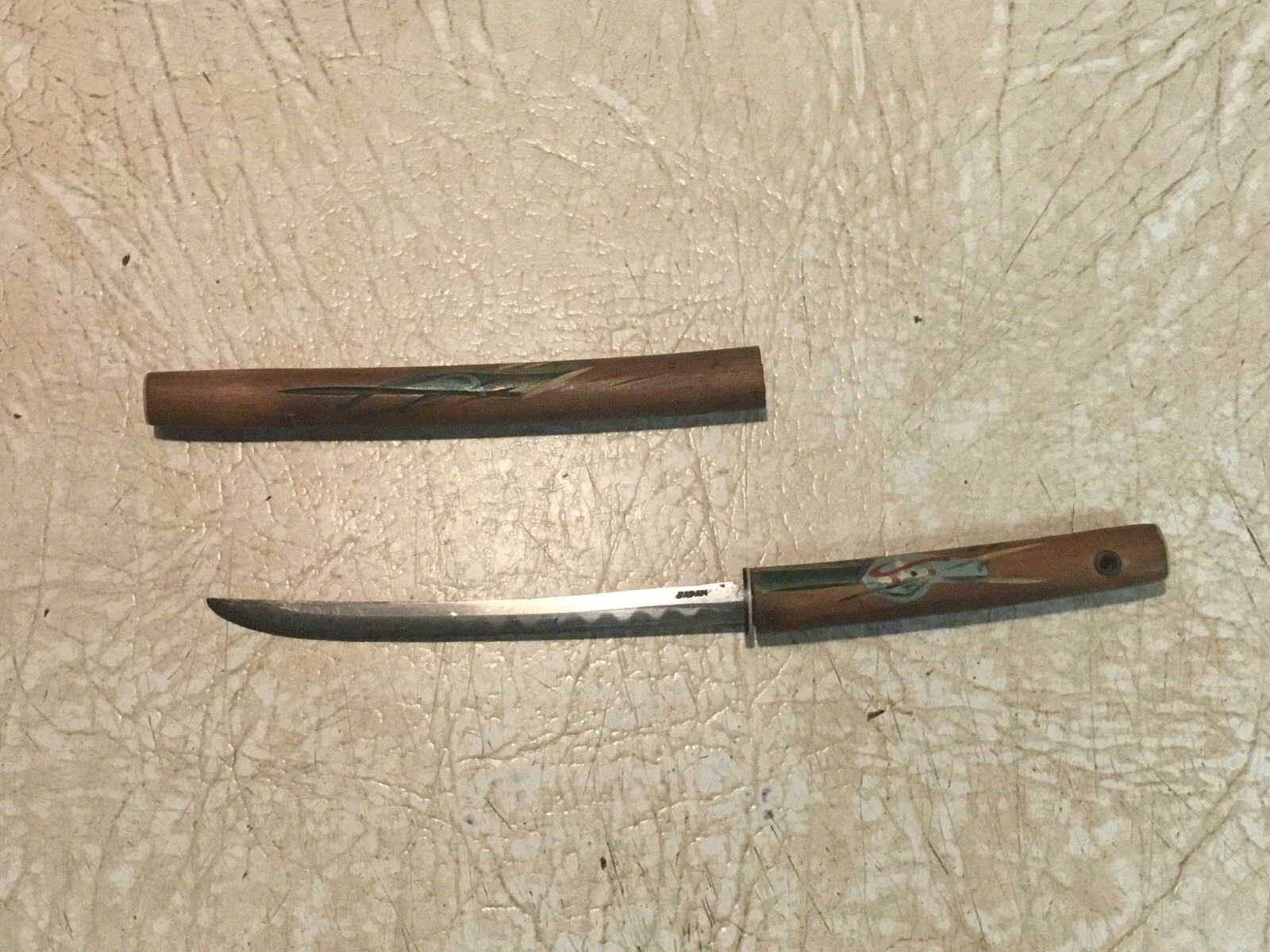 Vintage Japanese Mini Tanto Knife Hand Painted Wood Scabbard Japan 6.5
