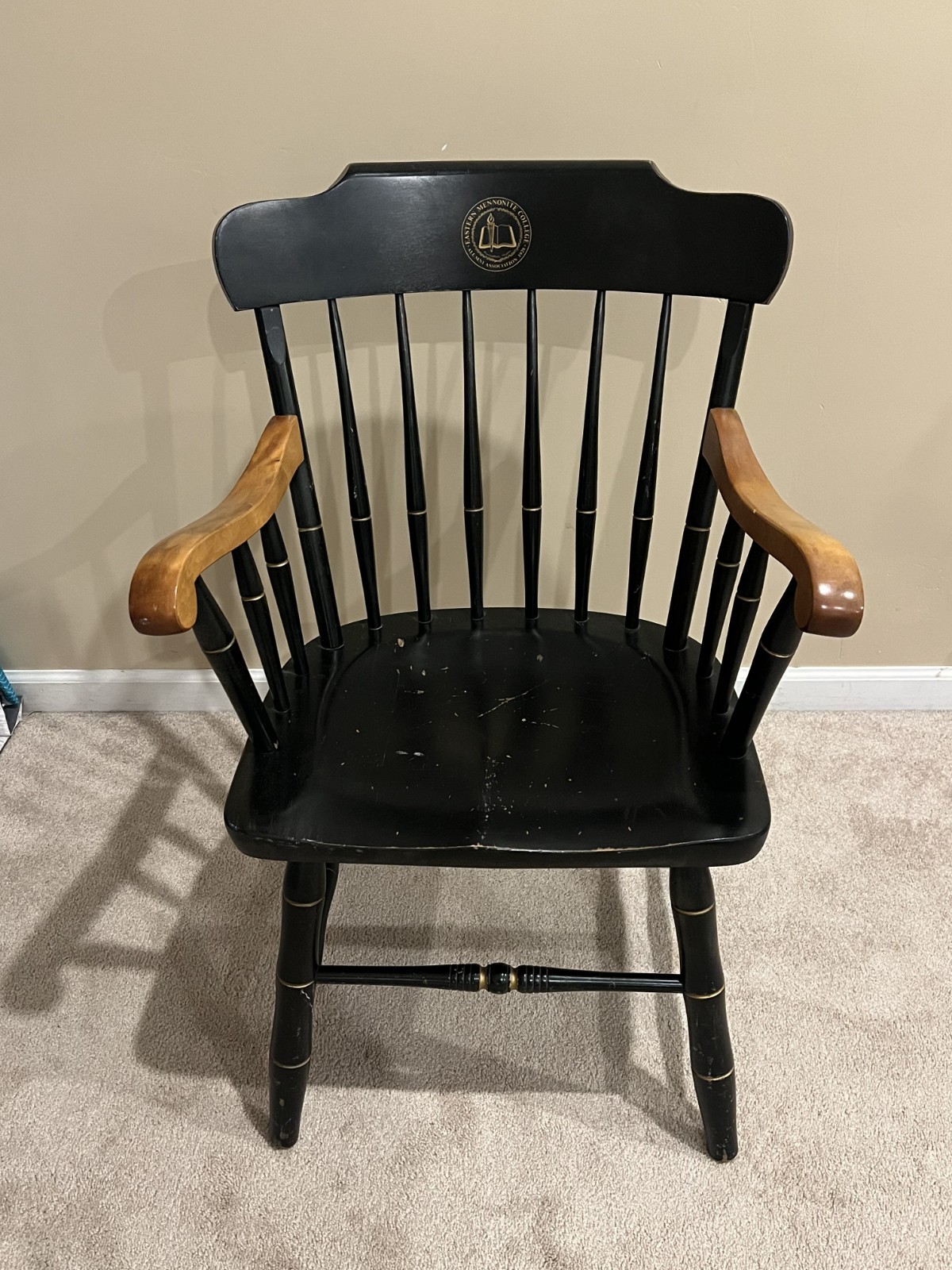 Vtg Eastern Mennonite College Captain’s Chair Two tone Northern Hardwoods RARE