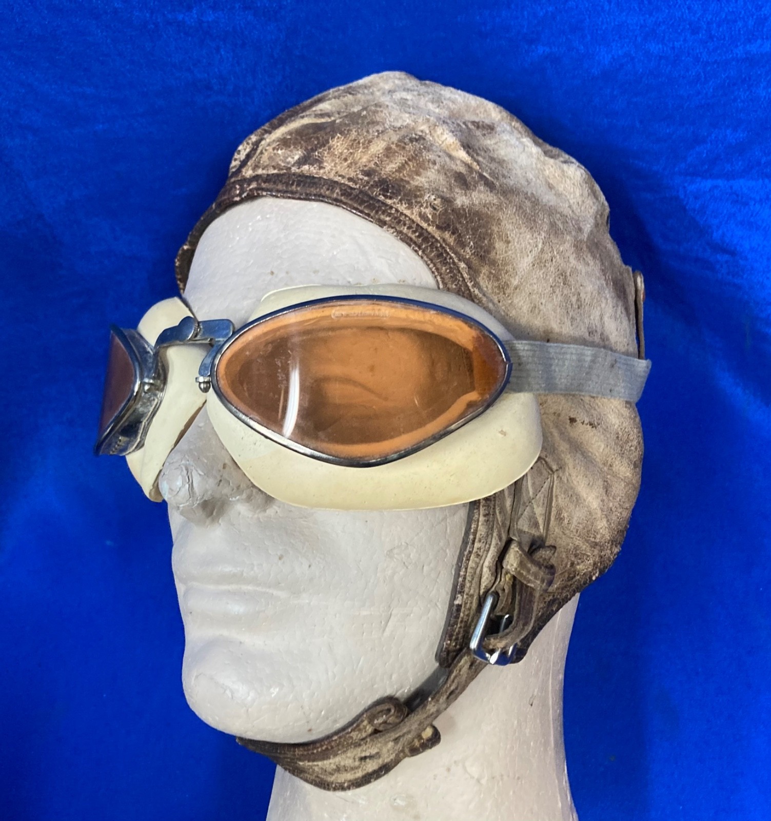 Vintage 1920s -1940s Airmail Pilot Aviator Flight Helmet Leather Cap w/Goggles