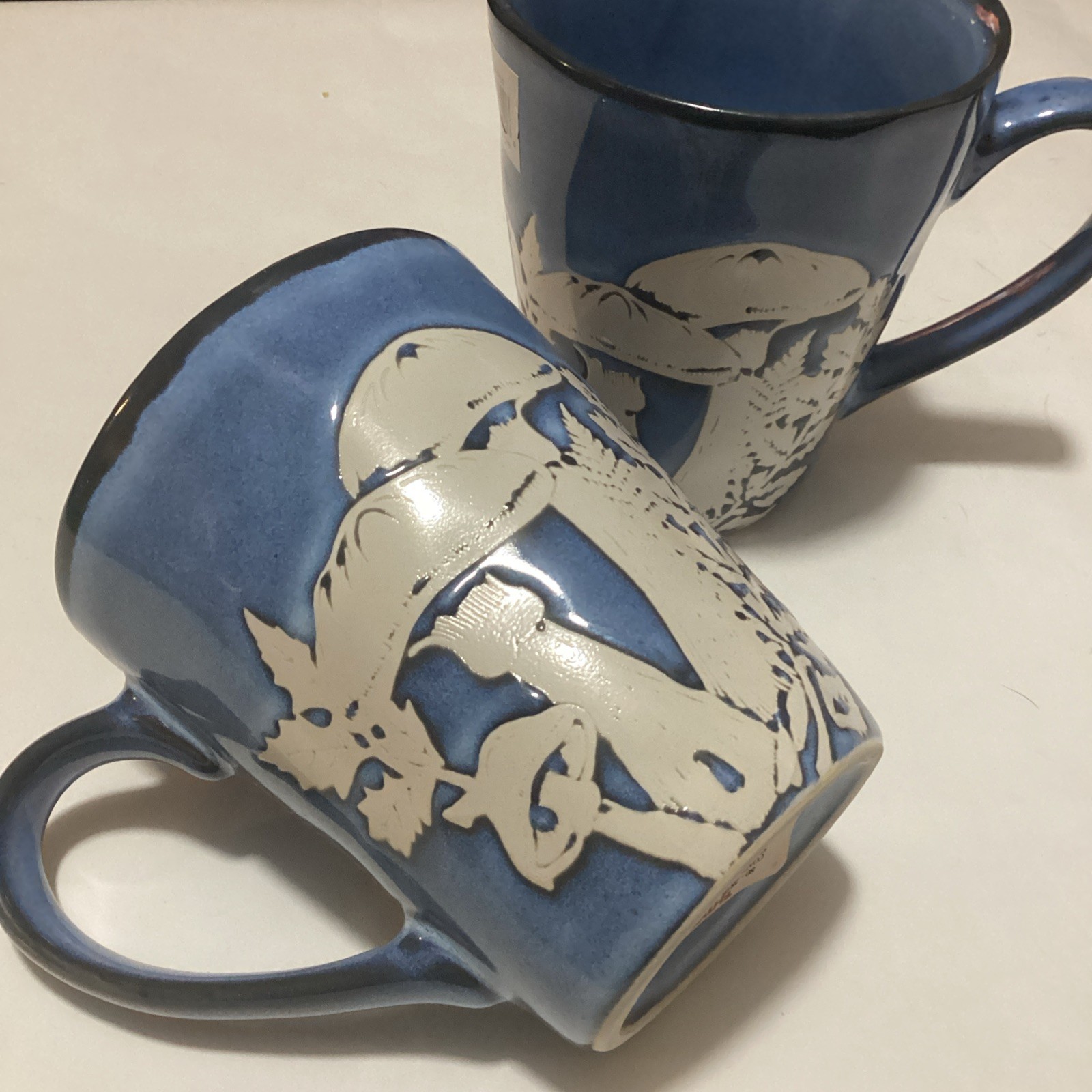 2 Beautiful Blue w. White Mushroom Stoneware Mugs - Cozy Cottagecore Farmhouse