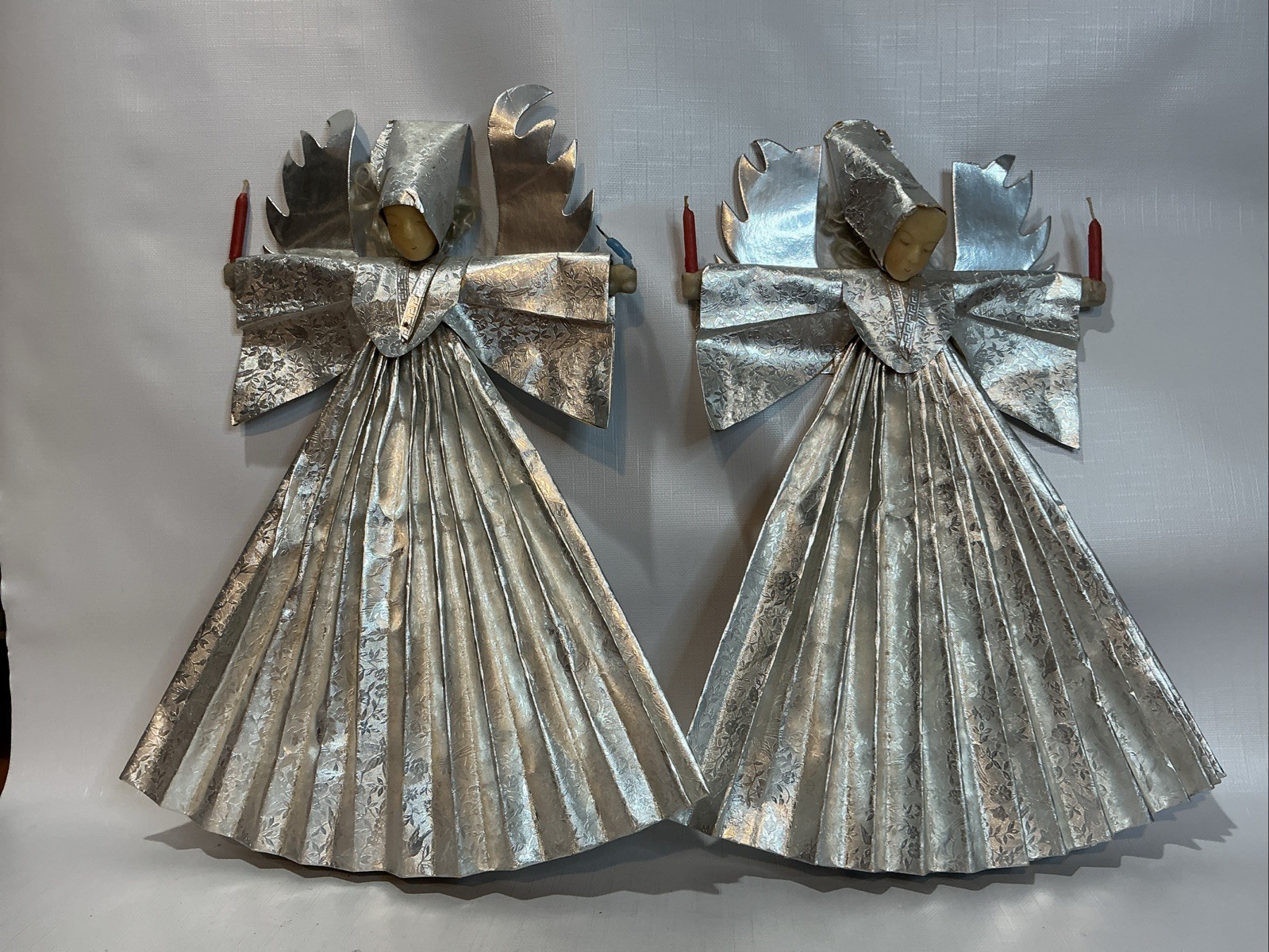 Pair Of Vintage 14” Keostel Wax Face Angels w Silver Robes Made in Germany