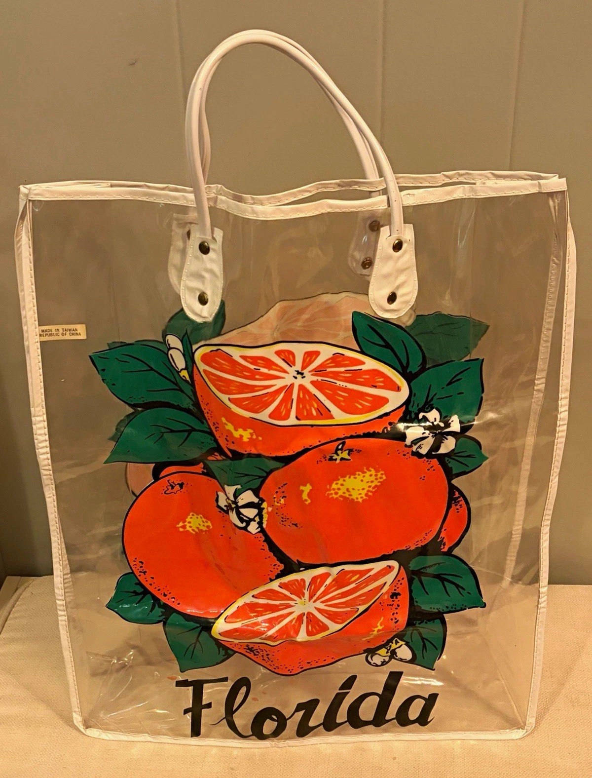 Vintage 70s 80s Florida Citrus Orange Beach Tote Bag Clear Vinyl Souvenir