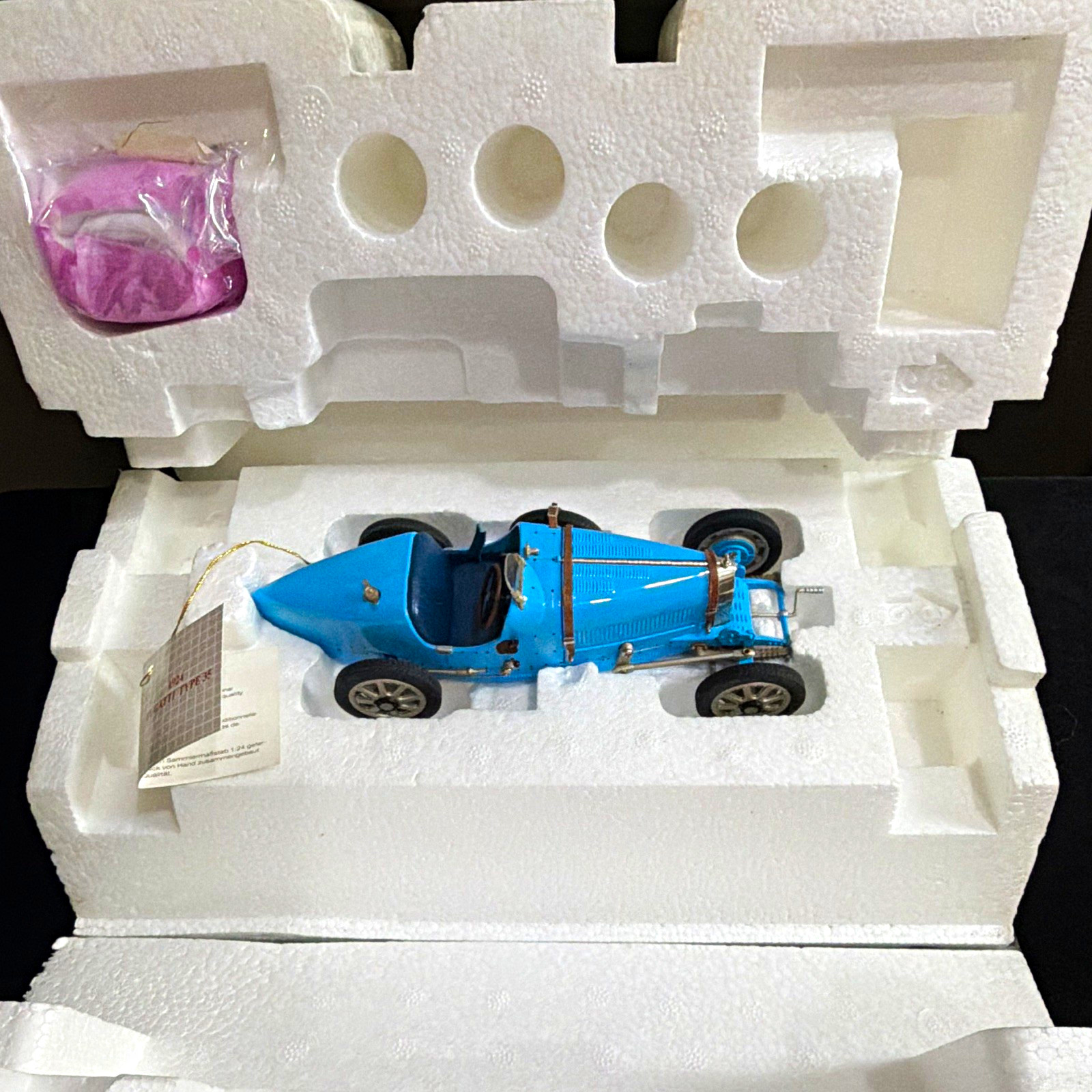 Bugatti Blue Vintage Race Car Model 1:18 Scale Collectible w/ Foam Packaging