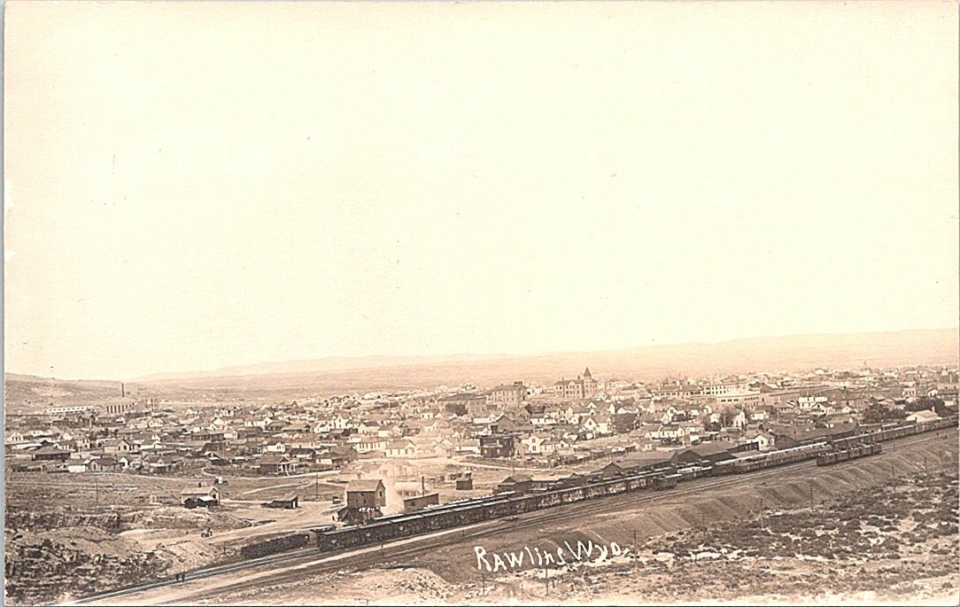 RPPC Rawlins Wyoming Panoramic Town View early 1900s Business District