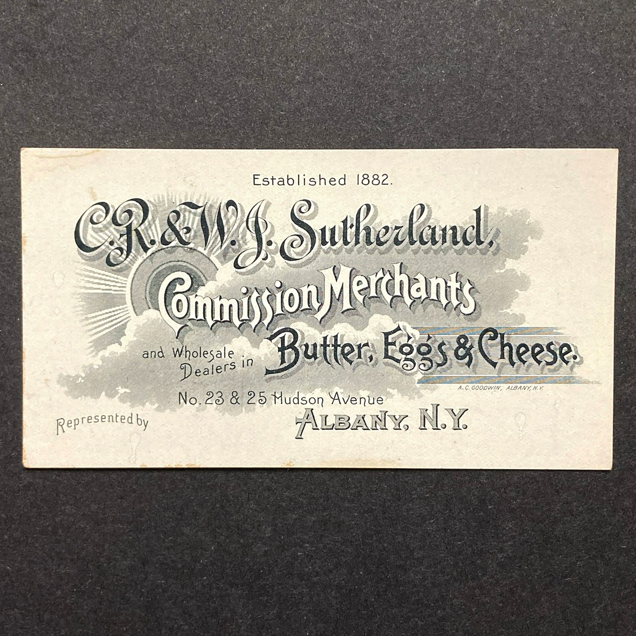 CR & WJ Sutherland Butter, Eggs, Cheese Merchant BUSINESS TRADE CARD, ALBANY NY