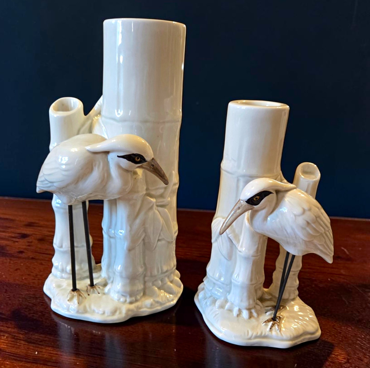 Fitz and Floyd White Ceramic Crane Heron Figurines Bamboo Vase Set of 2 1977