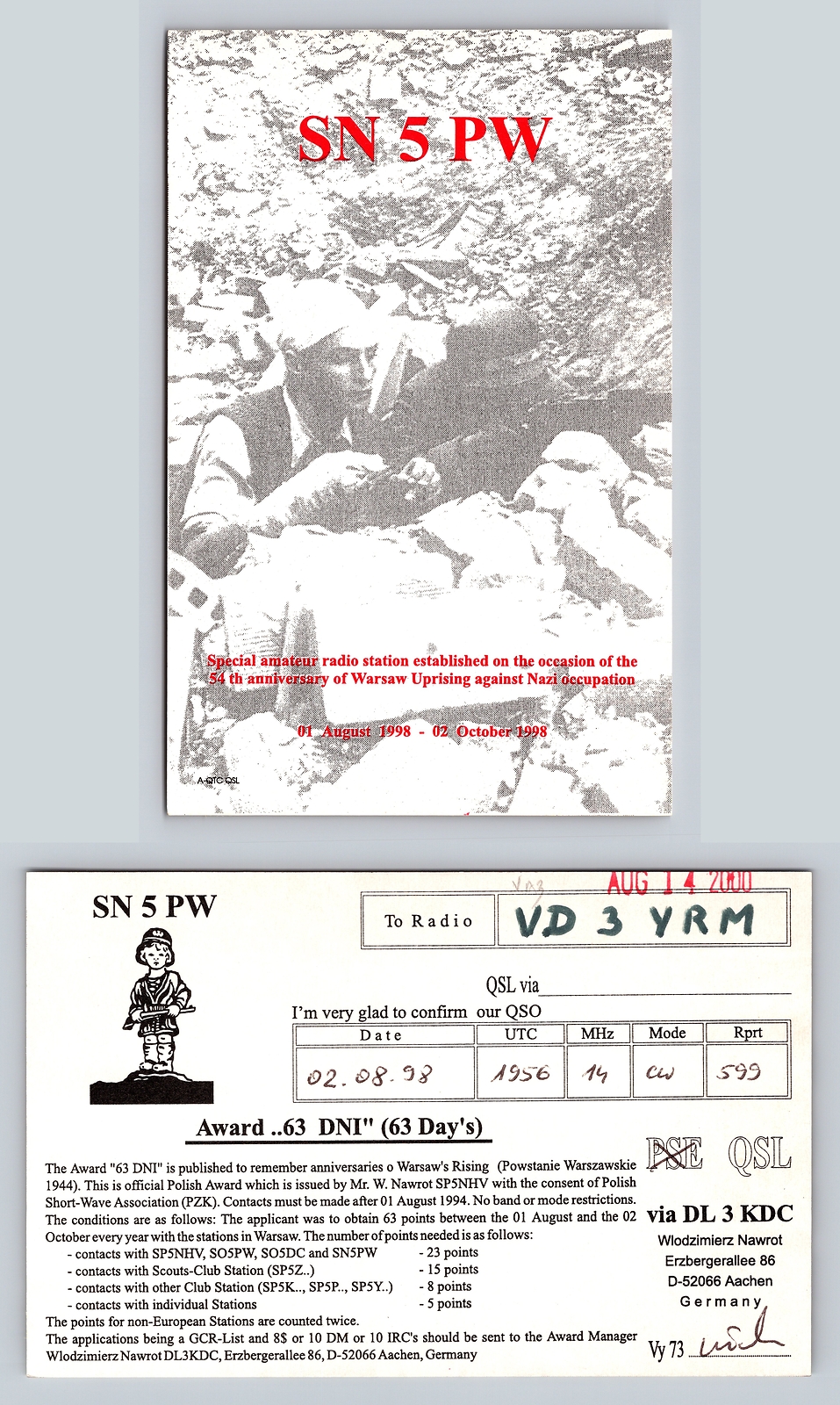 Ham Radio QSL QSO Postcard SN 5 PW, Aachen, North Rhine-Westphalia, Germany