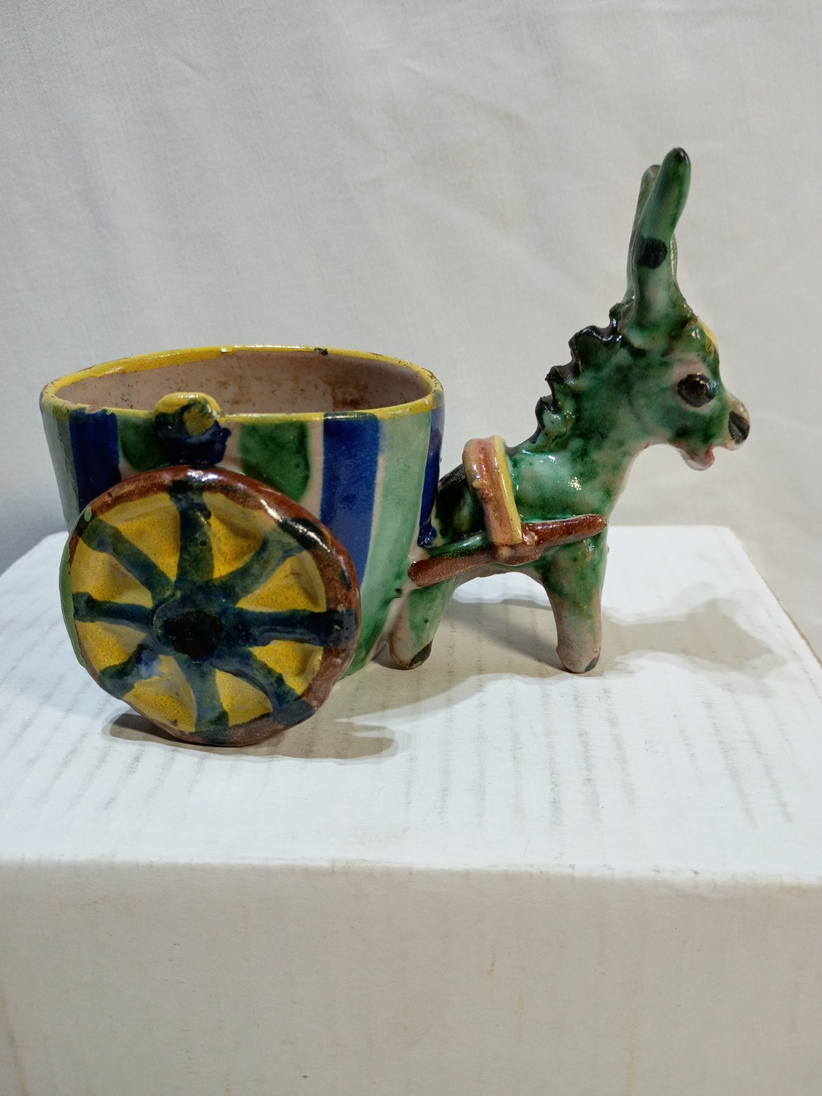 Donkey Mule Burro Long Eared Figurine Pulling Cart Planter Made in Italy