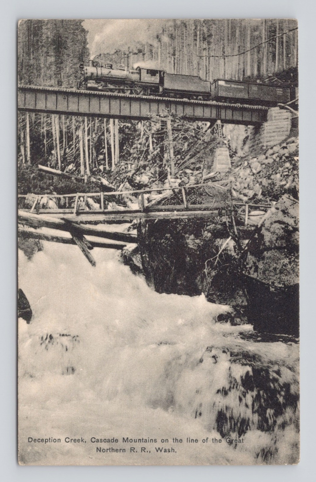 Postcard Washington WA Great Northern Railroad Train Deception Creek Cascade Mts