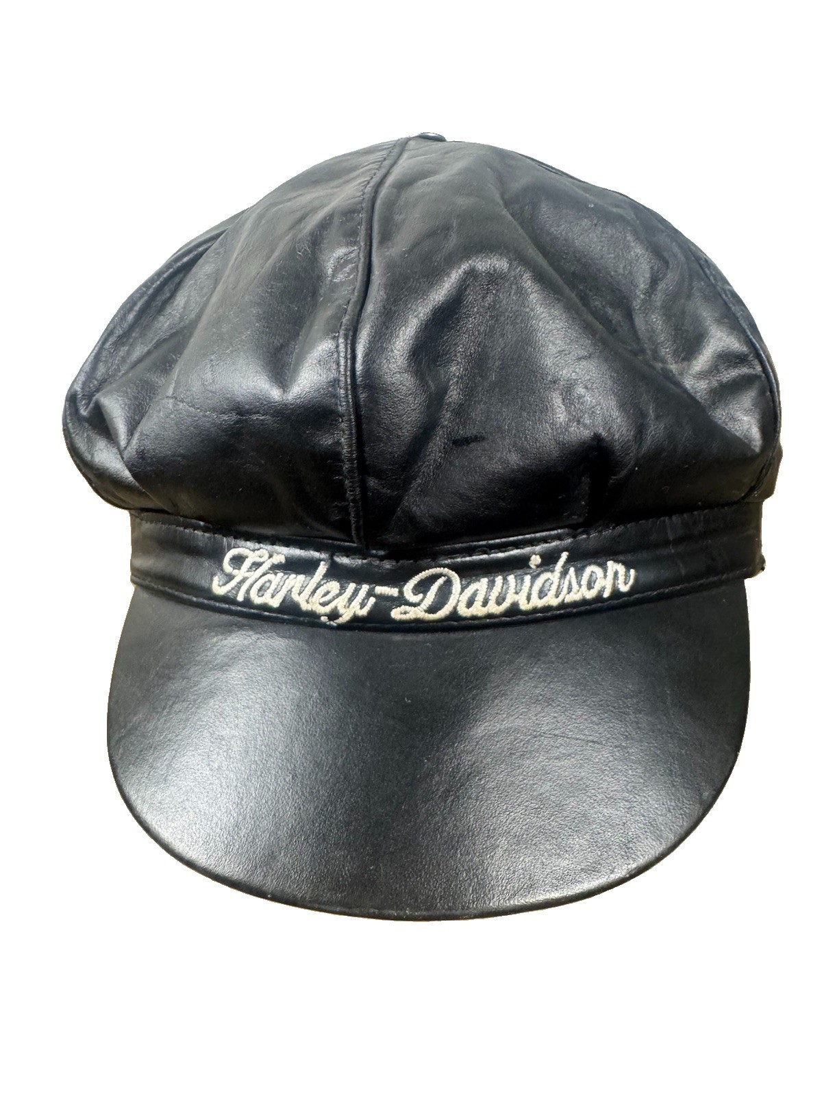 Vintage Harley Davidson Motorcycle Black Leather Captain's Cap Hat Made In USA