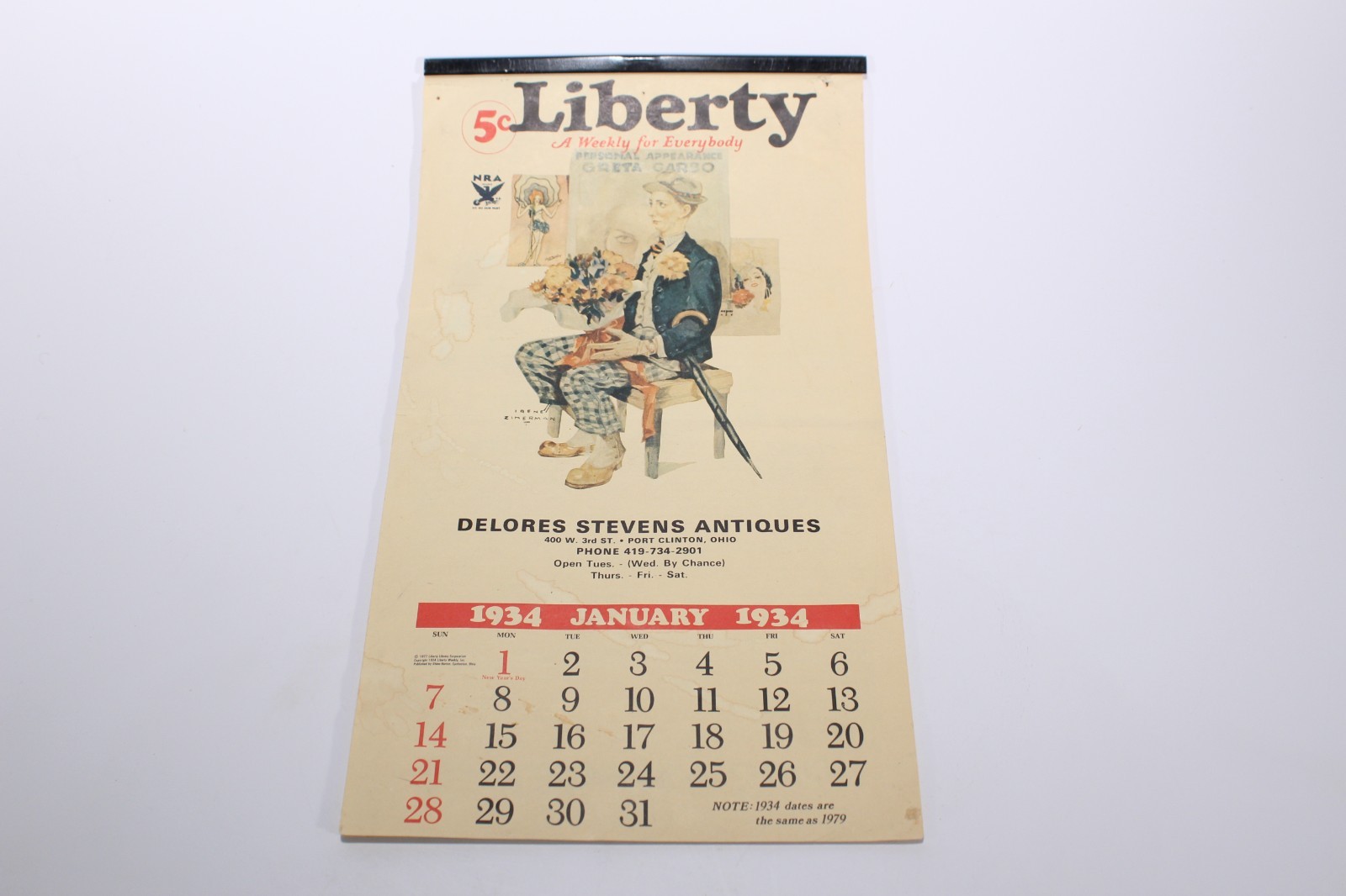 Vtg 1934 Wall Calendar Liberty Weekly Delores Stevens Antiques Port Clinton Ohio