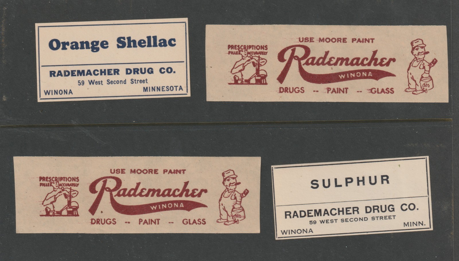 Winona Minnesota Rademacher Drug Co. and Hardware store 4 labels