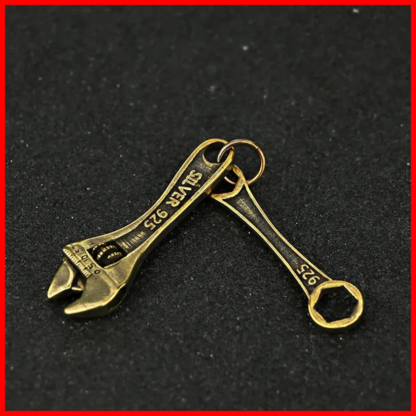 Vinatge Solid Brass Wrench Key Chain Pendant Handmade Pure Copper Mini Spanner K