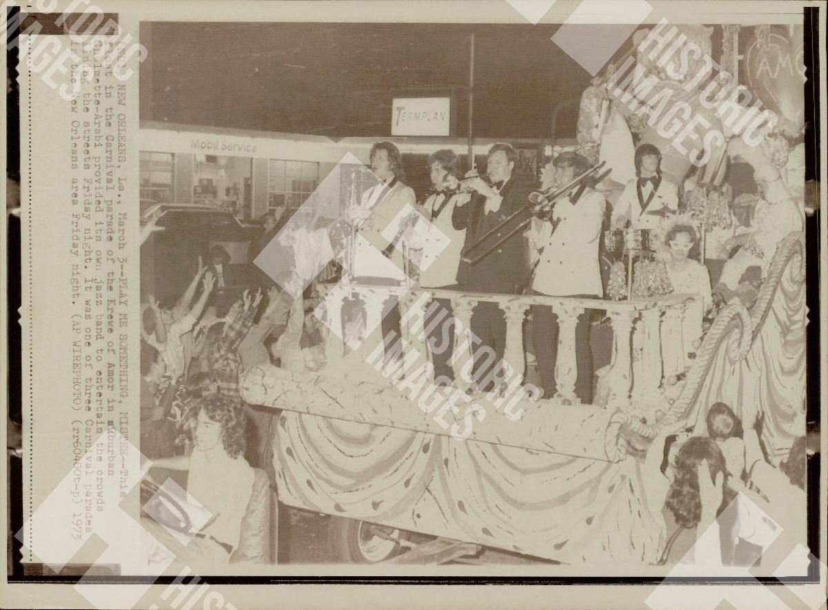 1973 Musicians on a float during a New Orleans parade in 1973