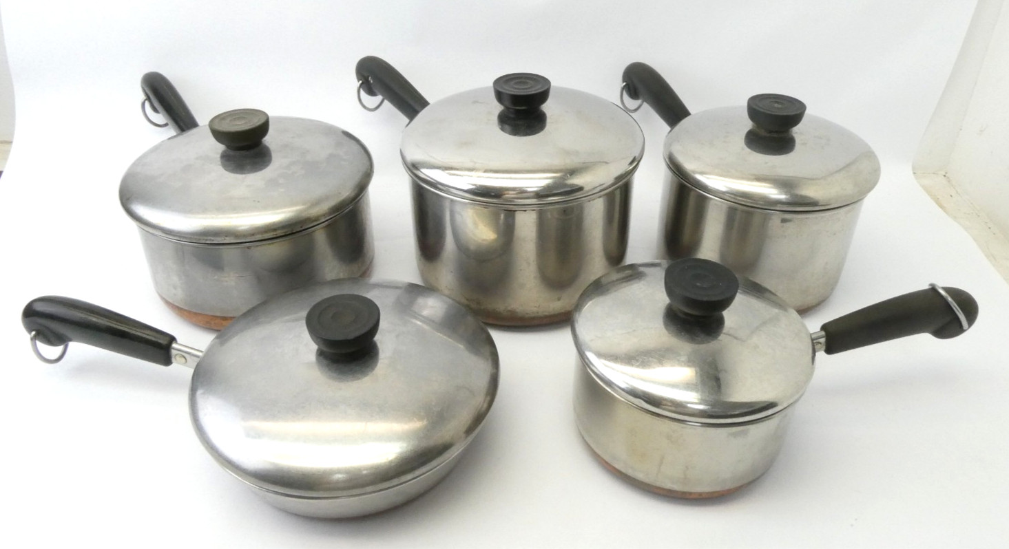 Vintage Revere Ware Copper Bottom Cookware 5 Pots Pans w/ Lids USA Lot