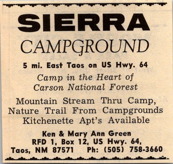 Sierra Campground Mountain Stream Ken & Mary Ann Green Taos NM 1974 Ad TAK7-S5