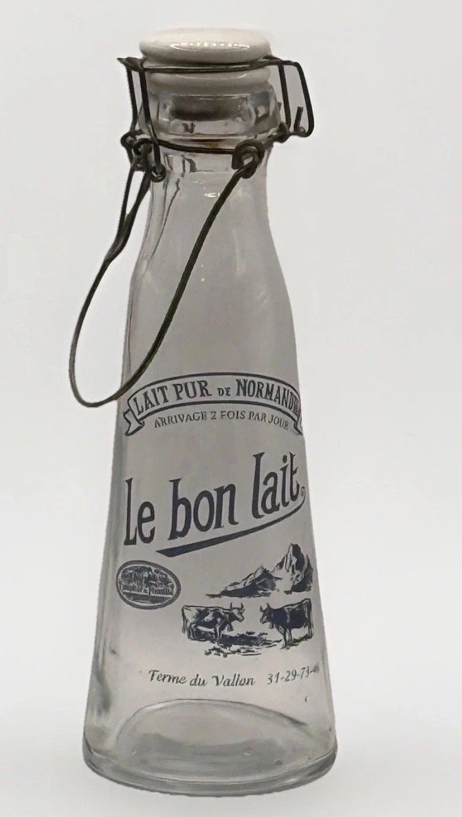 Vintage French Glass “Le Bon Lait” Norman Die Milk Bottle W/ Ceramic Hinged Lid