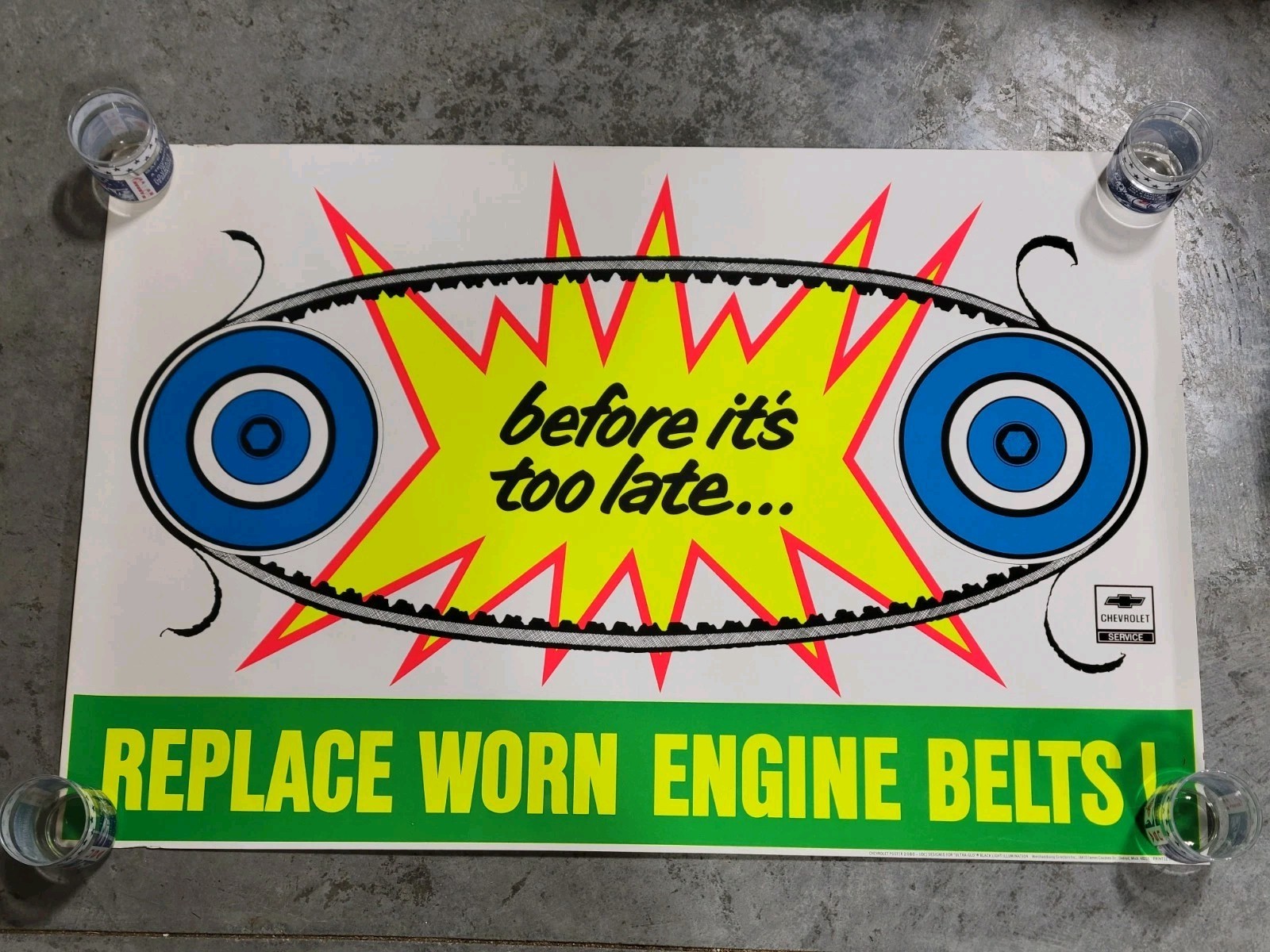 ​Vintage NOS 1960s Chevrolet Dealership Service Belts Poster Ultra Glo Robot ET