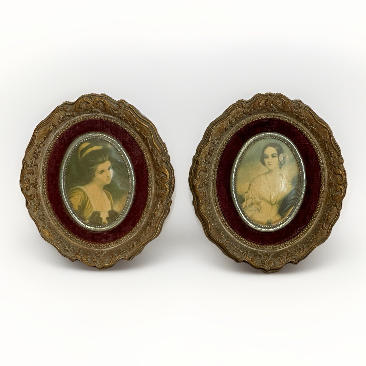 VTG Pair Cameo Portrait Pictures Gold Wood Red Velvet Victorian Style Set Oval