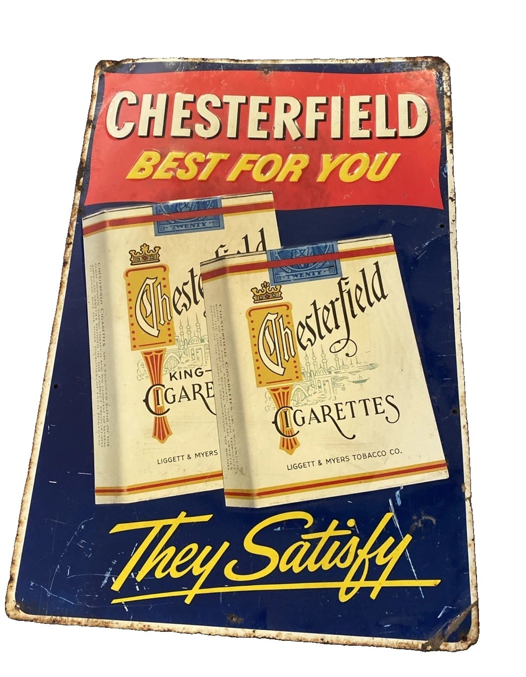Vintage Chesterfield Cigarette Metal Sign 1950s Embossed Tobacco Advertising