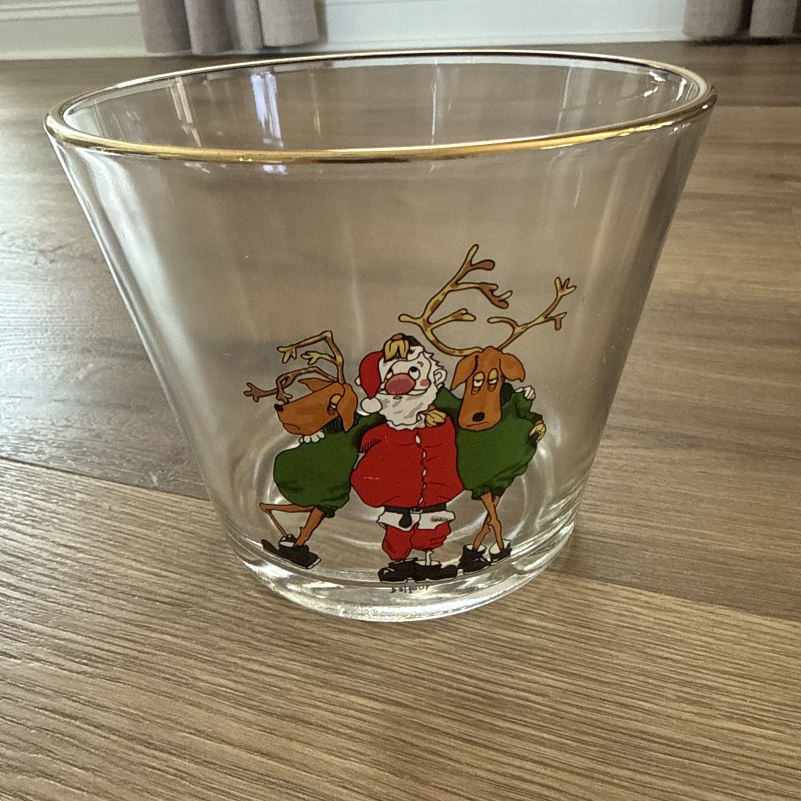 Vintage Tipsy Santa and Reindeer Glass Ice Bucket Signed Balfour 