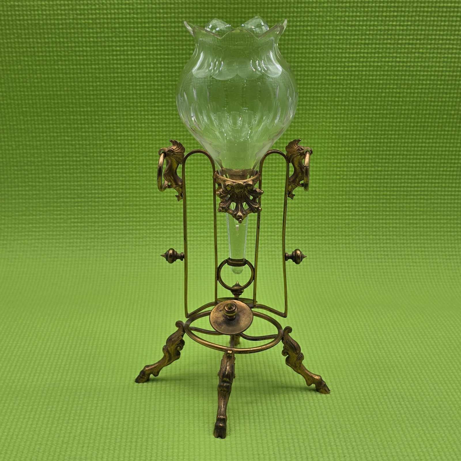 Vintage Gothic Gilded bronze Stand with Floting Glass Pomegrante Shape Vase 12\