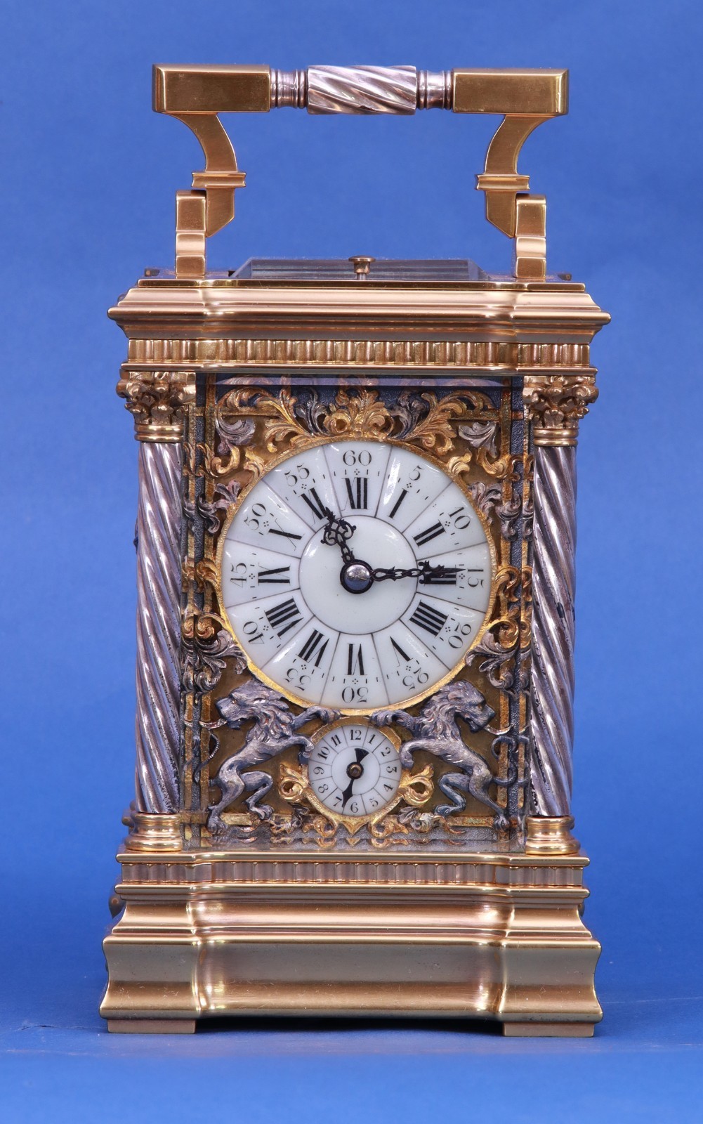 c.1890 French Anglaise Riche Cased Carriage Clock with Military Trophies.
