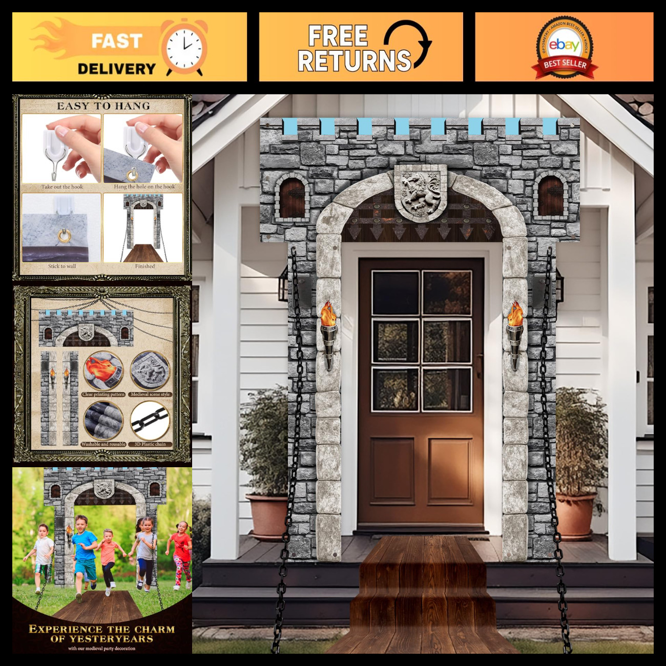 Jingmore 6 Pcs 3D Medieval Party Decorations Castle Door Cover 70inch