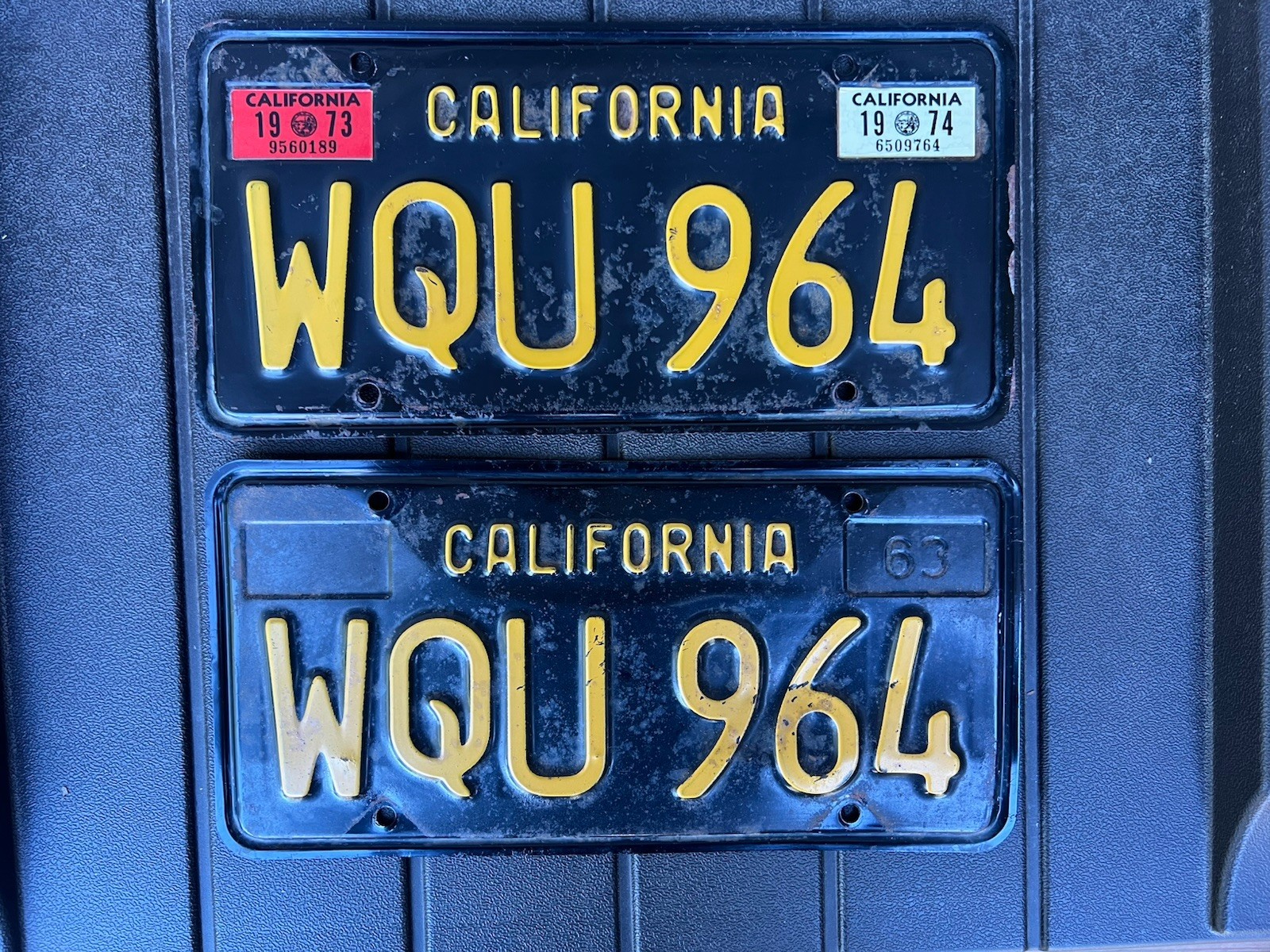 Vintage Original 1963 California License Plate Set WQU 964 Yellow & Black Nice