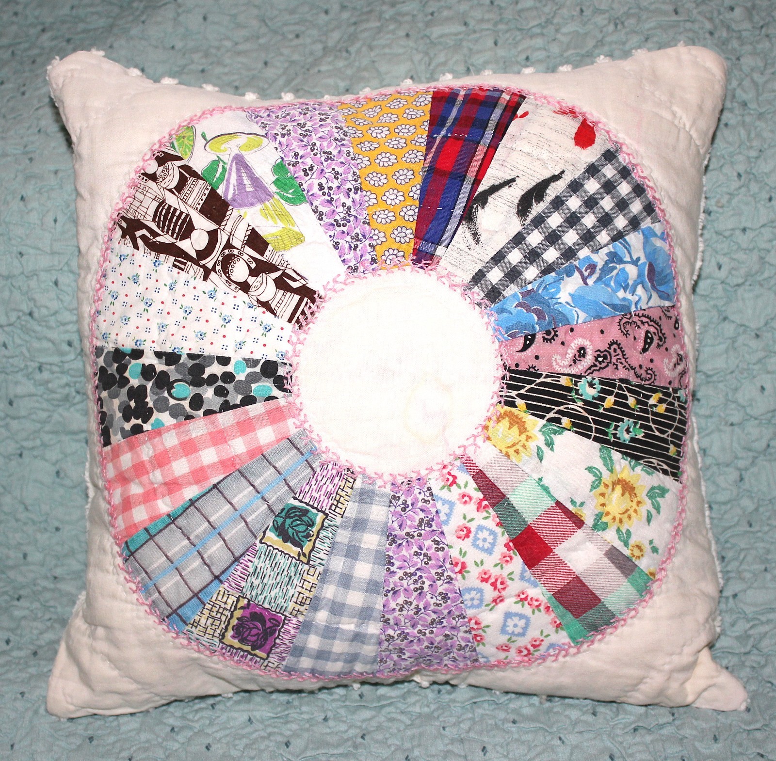 Throw Pillow From Vintage 1930s Feedsack Dresden Plate Quilt and Chenille