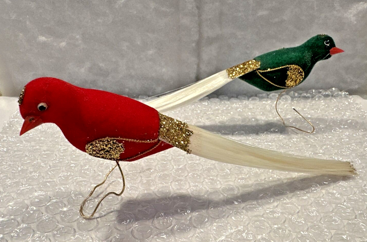 Vintage 1960s Rare Set of Red and Green Flocked Birds 7” Ornaments Made In Japan