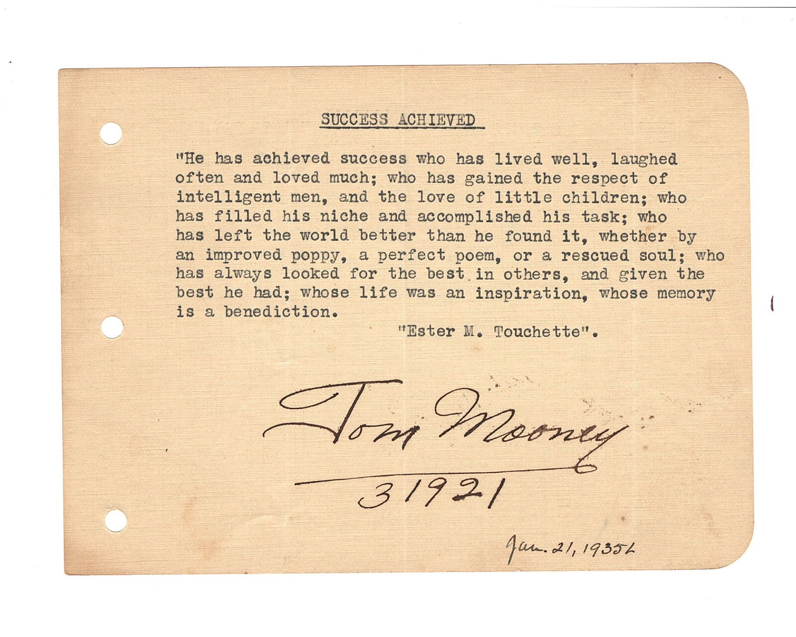 PRISONER TOM MOONEY 31921 SCARCE AUTOGRAPH ON ALBUM PAGE JAN.21 1935