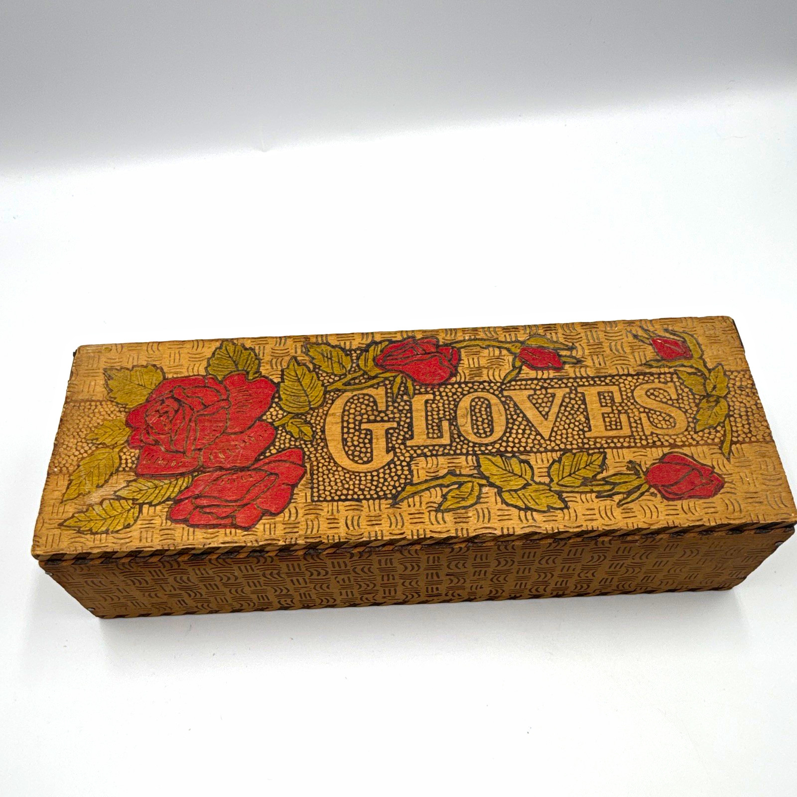 Antique Flemish Art Pyrography Wood Gloves Box Hand Painted Red Roses 1900s