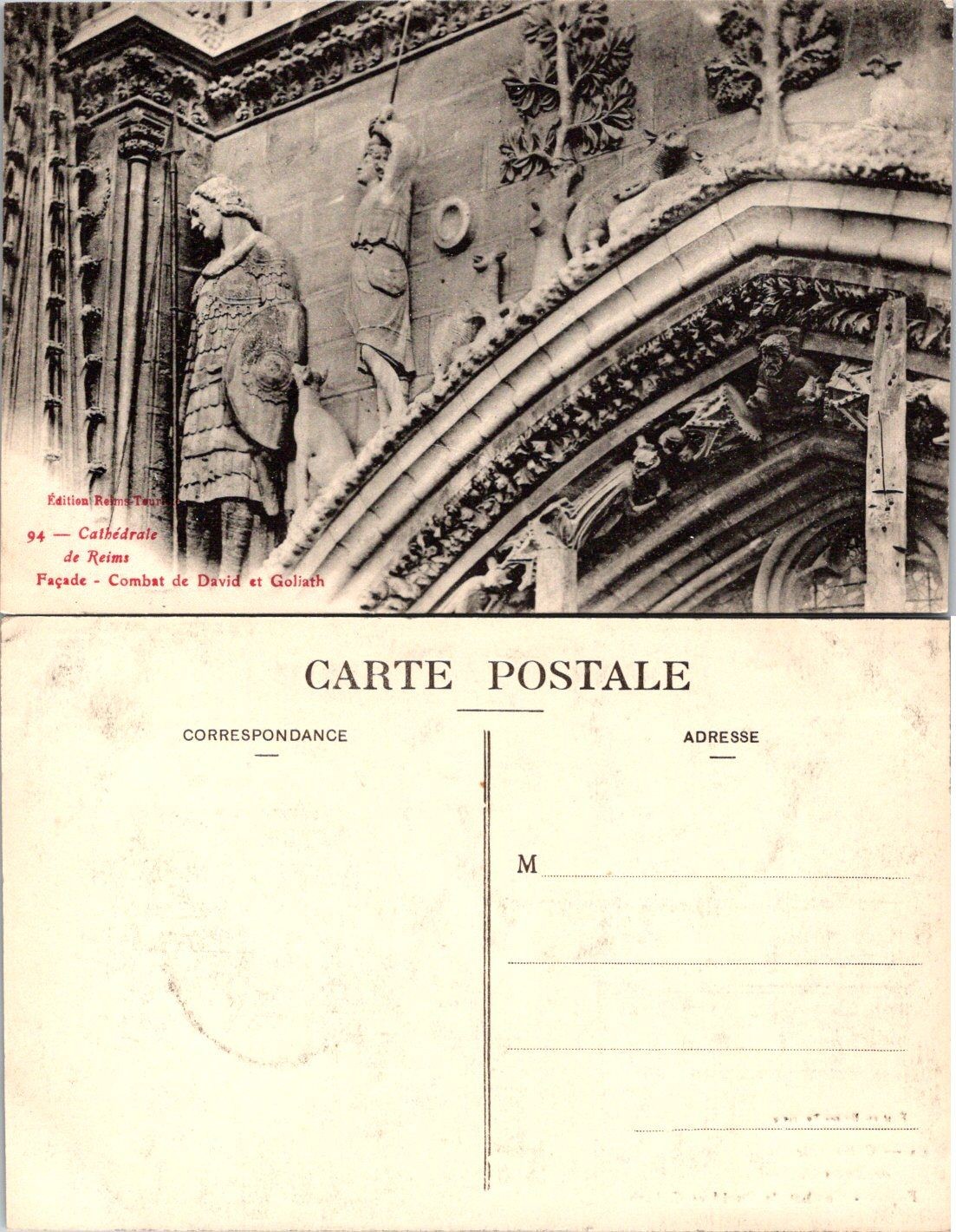 Cathedrale de Reims Carte Postale David et Goliath Edition Reims Tours Unposted