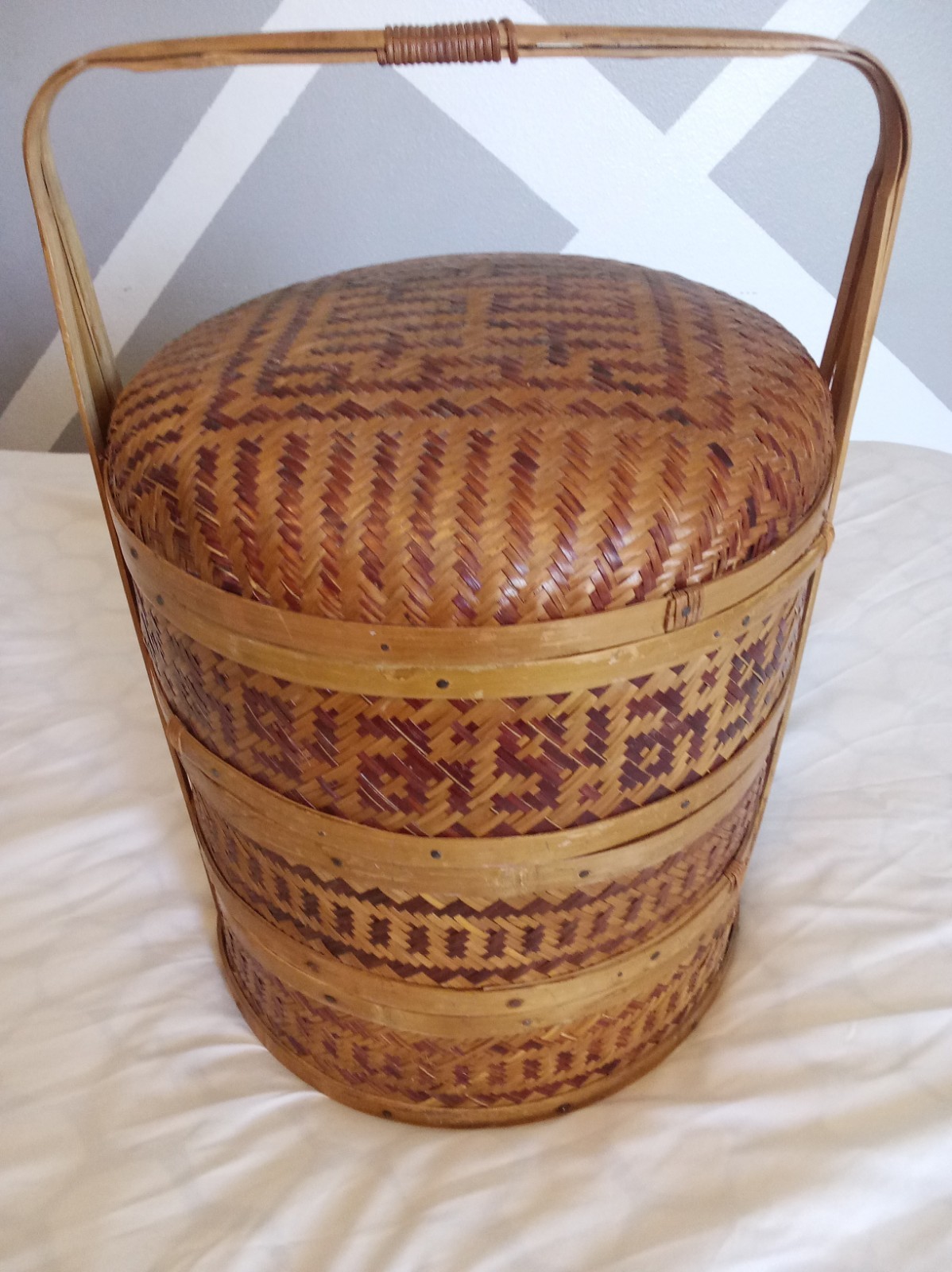 Vintage Chinese Wedding Basket 3 Tier RARE Woven Wicker & Bamboo Rattan