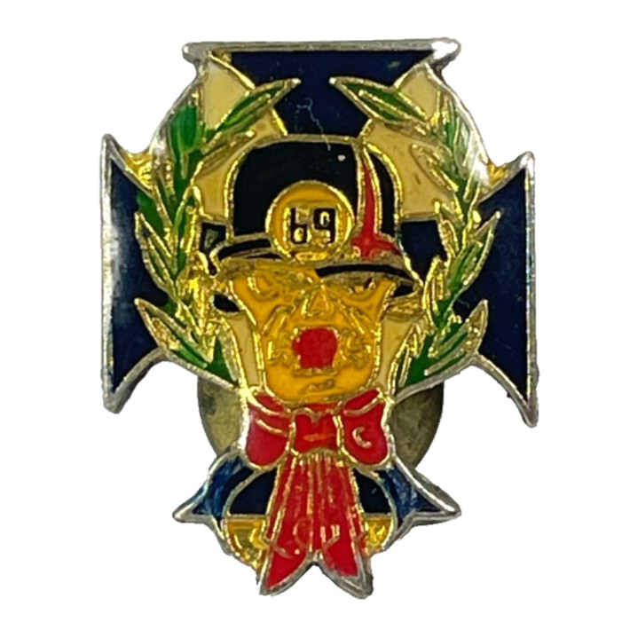 MC Biker 69 Vintage Enamel Vest Lapel Pin Helmet Bow Cross Cloisonne Rare