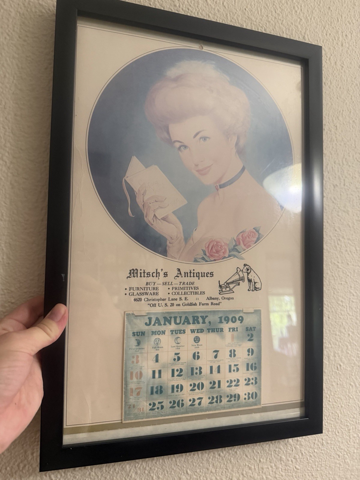 Framed Vintage Advertising Calendar Mitsch\'s Antiques Albany Oregon Retro Decor