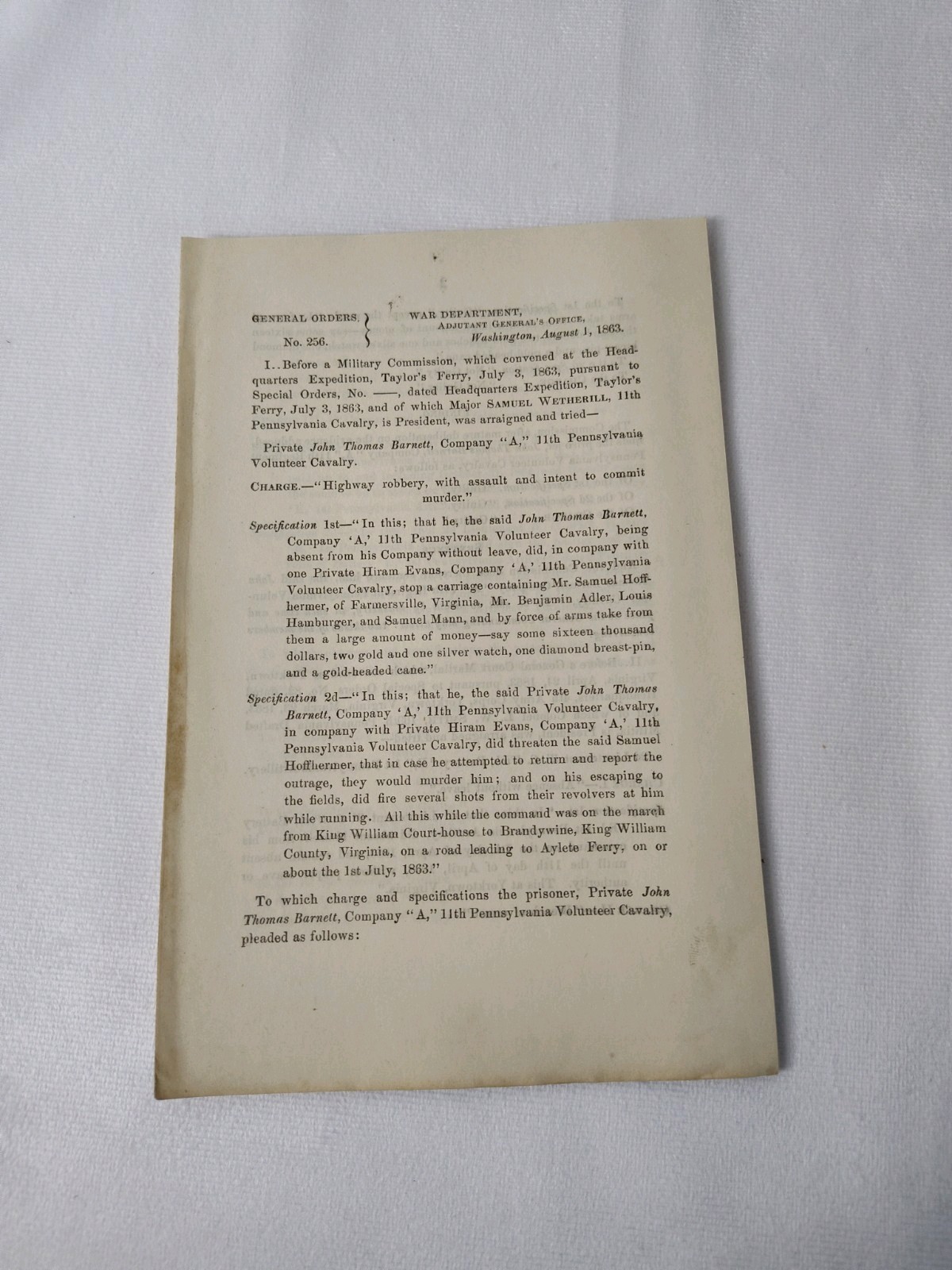 1863 Civil War General Order #256 Taylor's Ferry. Highway Robbery 