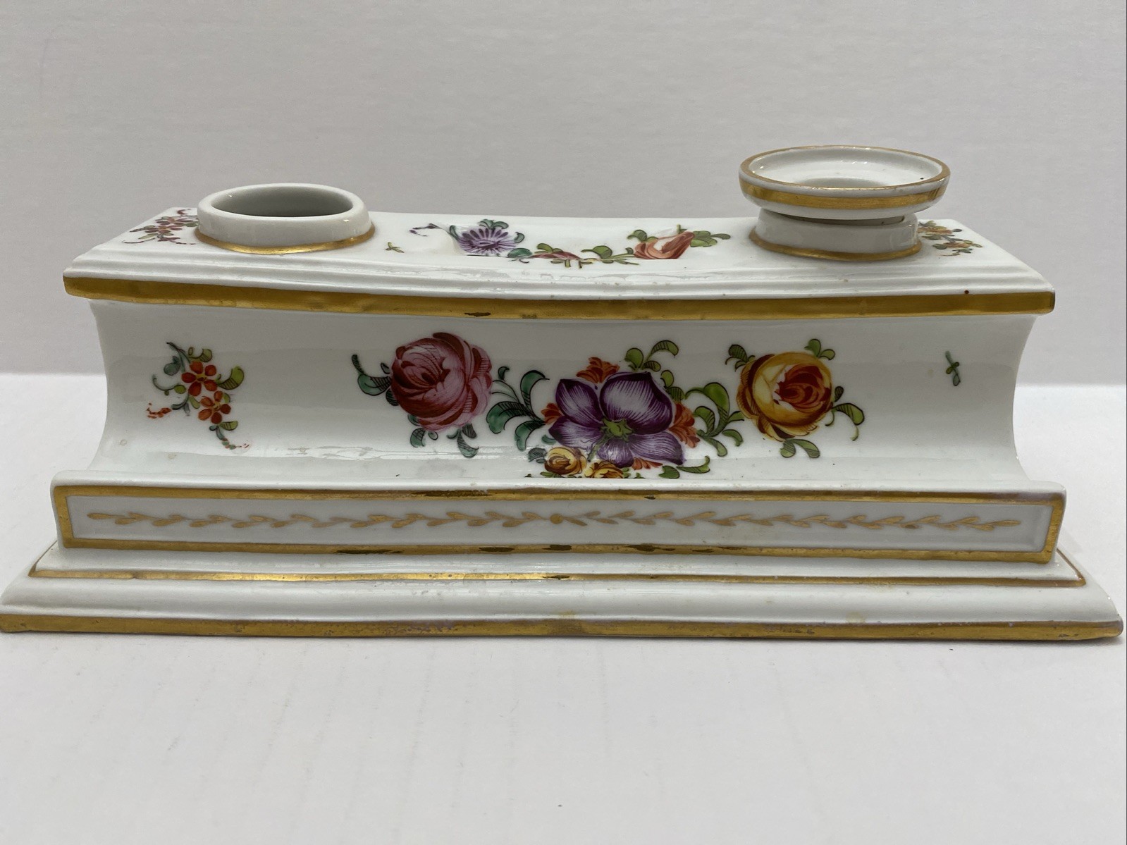 Antique French Inkwell W/ Flowers Gold Tone Trim Incomplete Missing One Inkwell
