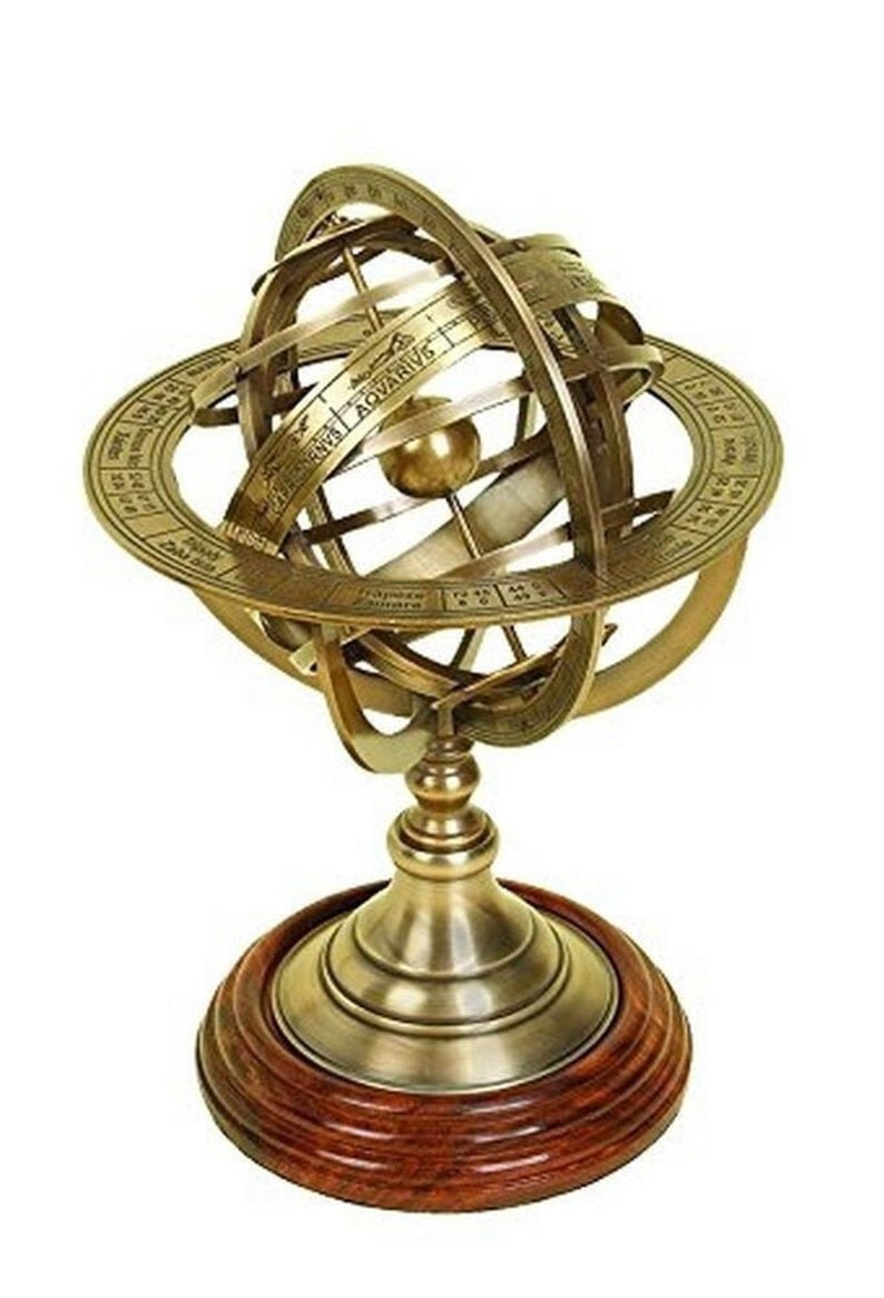 Globe Zodiac Engraved Wooden Base Nautical Gift Brass Armillary Globe Astrolabe