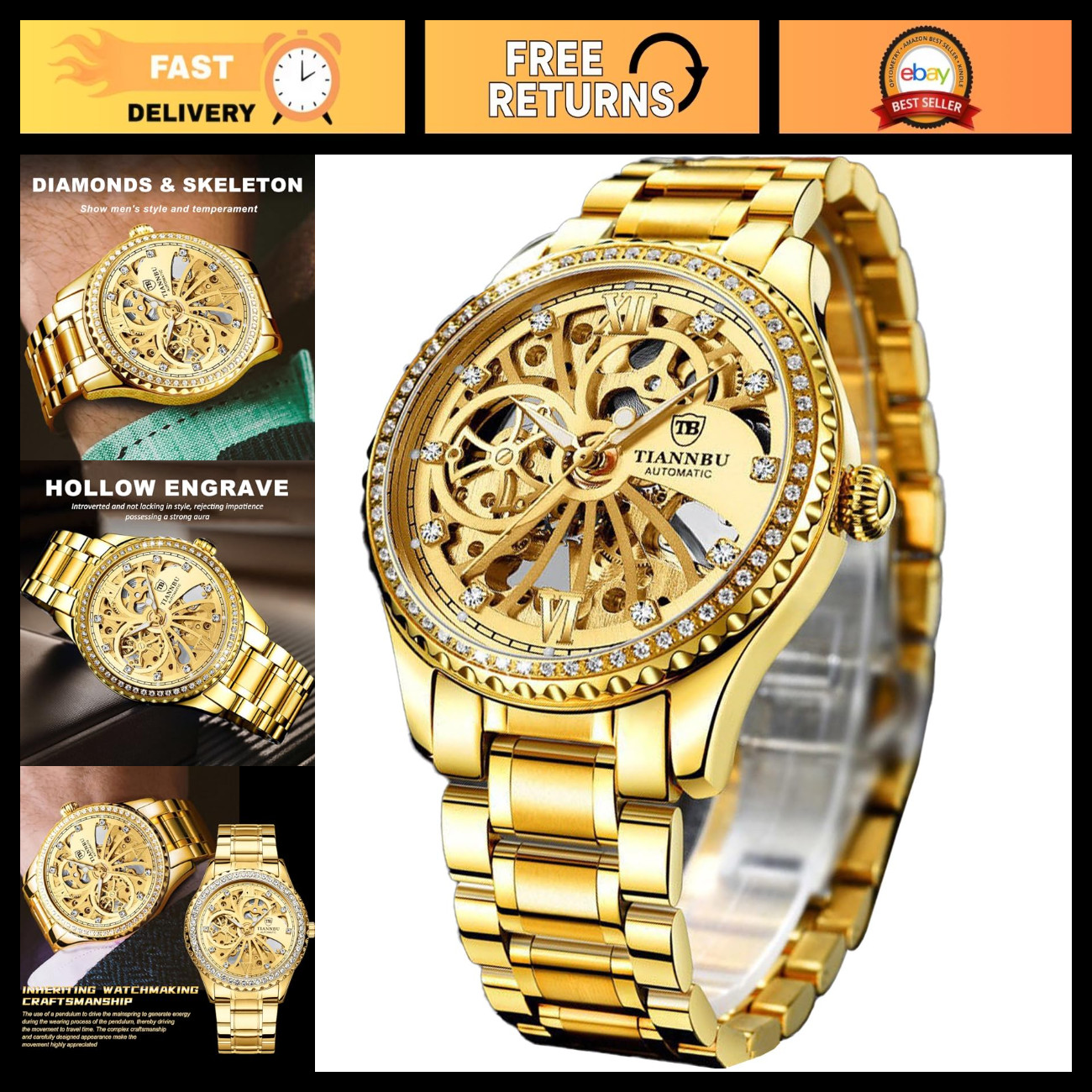 FORSINING Luxury Gold Automatic Mechanical Watch for Men - Skeleton Dial with Mo