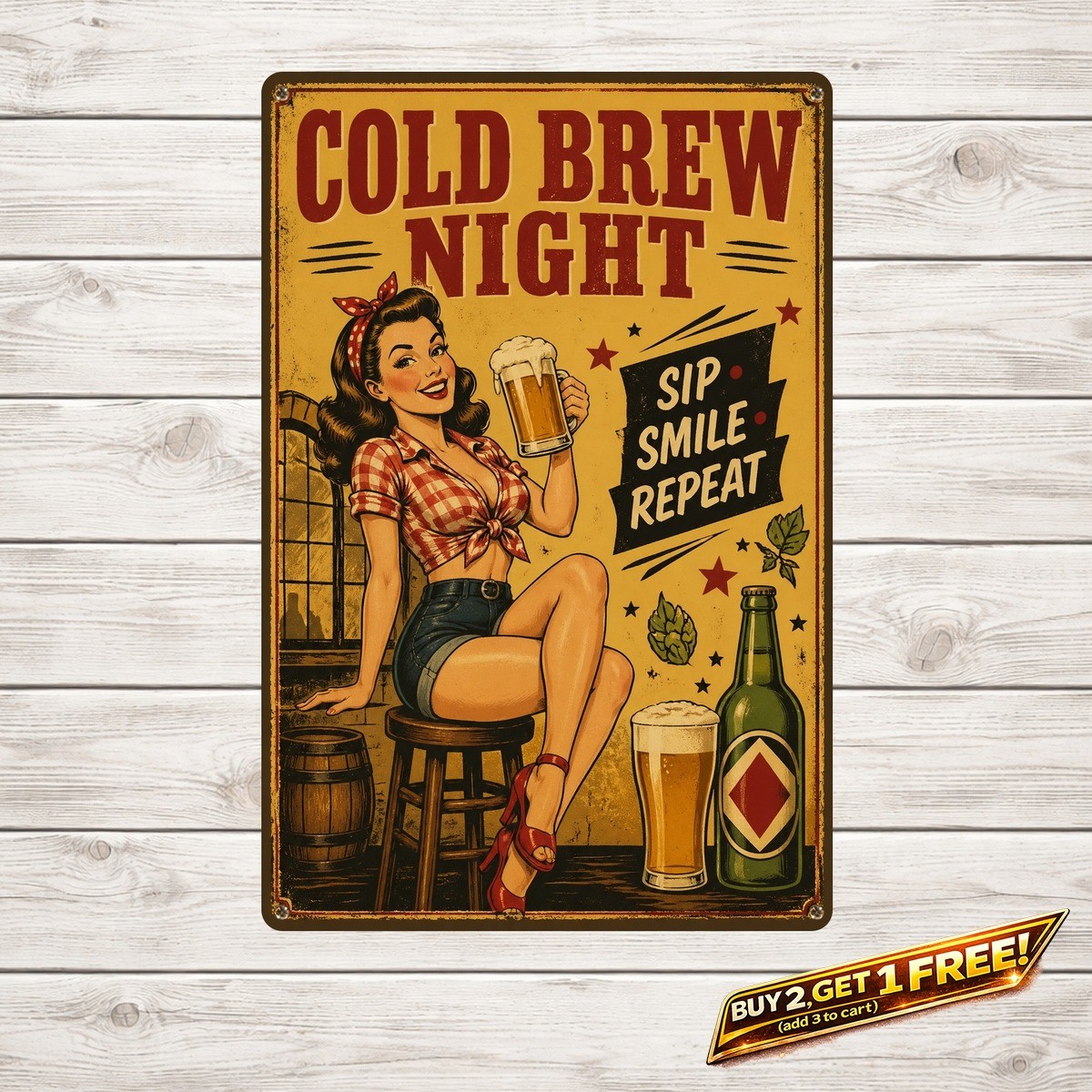 Pinup Maiden Beer Illustration Retro Metal Wall Art Sign 8x12