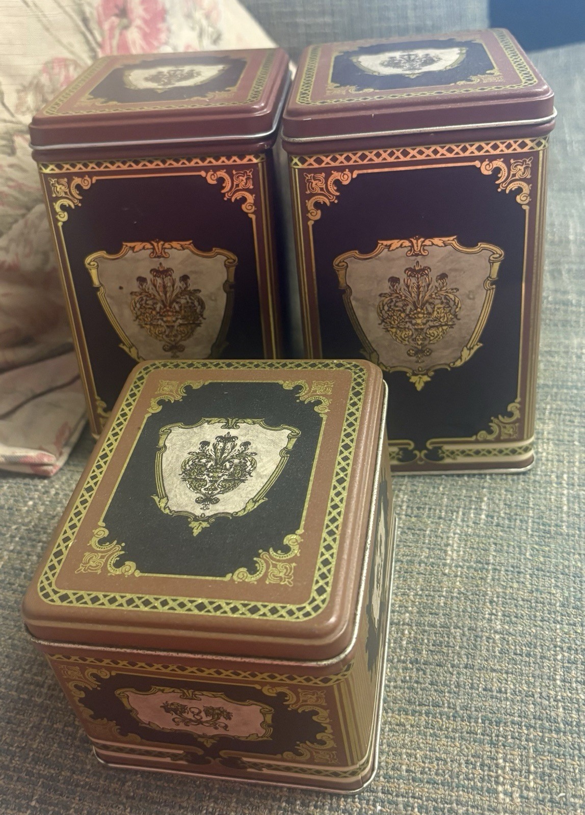 Vintage JL Clark Metal Tin Canisters Set of 3 Gold Coat of Arms Shield Decor