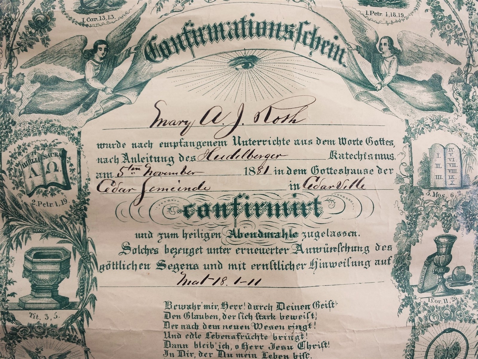1881 antique GERMAN CONFIRMATION FRAKTUR cedarville pa MARY J ROTH certificate
