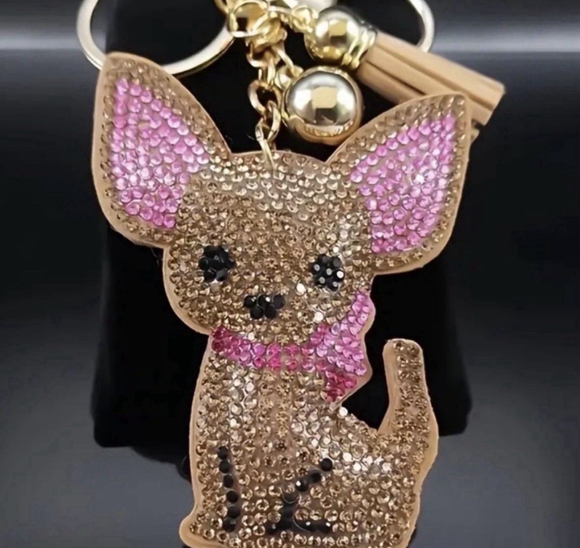 {NEW} Cute Sparkling Rhinestone Chihuahua Keychain Brown