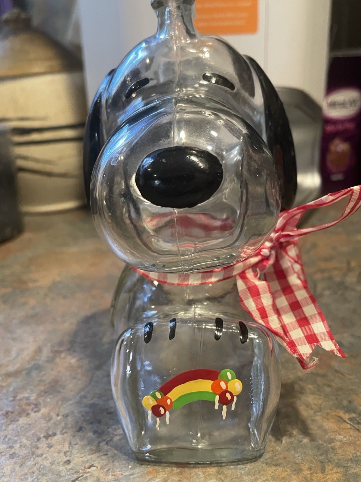 vintage clear glass snoopy coin bank rainbow balloons ribbon anchor hocking 